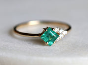 Emerald Cluster Ring | Engagement Cluster | Square Emerald & Diamond Ring | May Birthstone -
