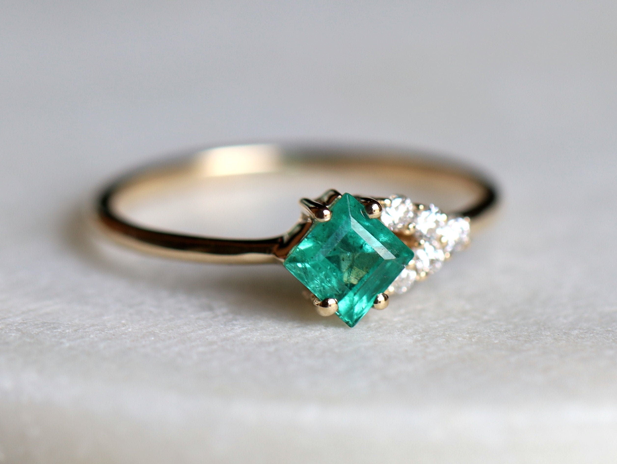 Emerald Cluster Ring | Engagement Cluster | Square Emerald & Diamond Ring | May Birthstone -