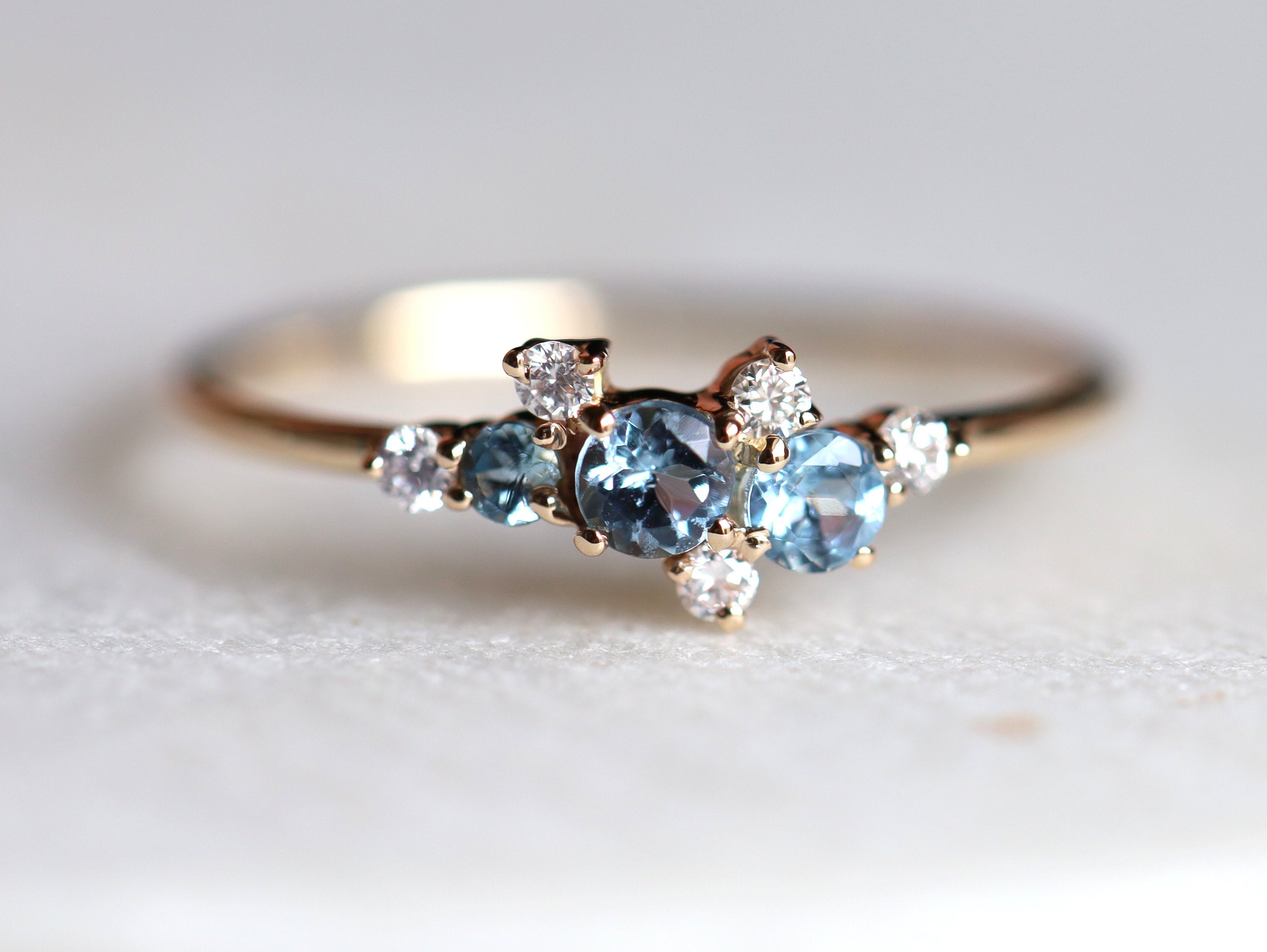 Aquamarine Engagement Ring | Diamond Cluster Ring | March Birthstone Jewelry -