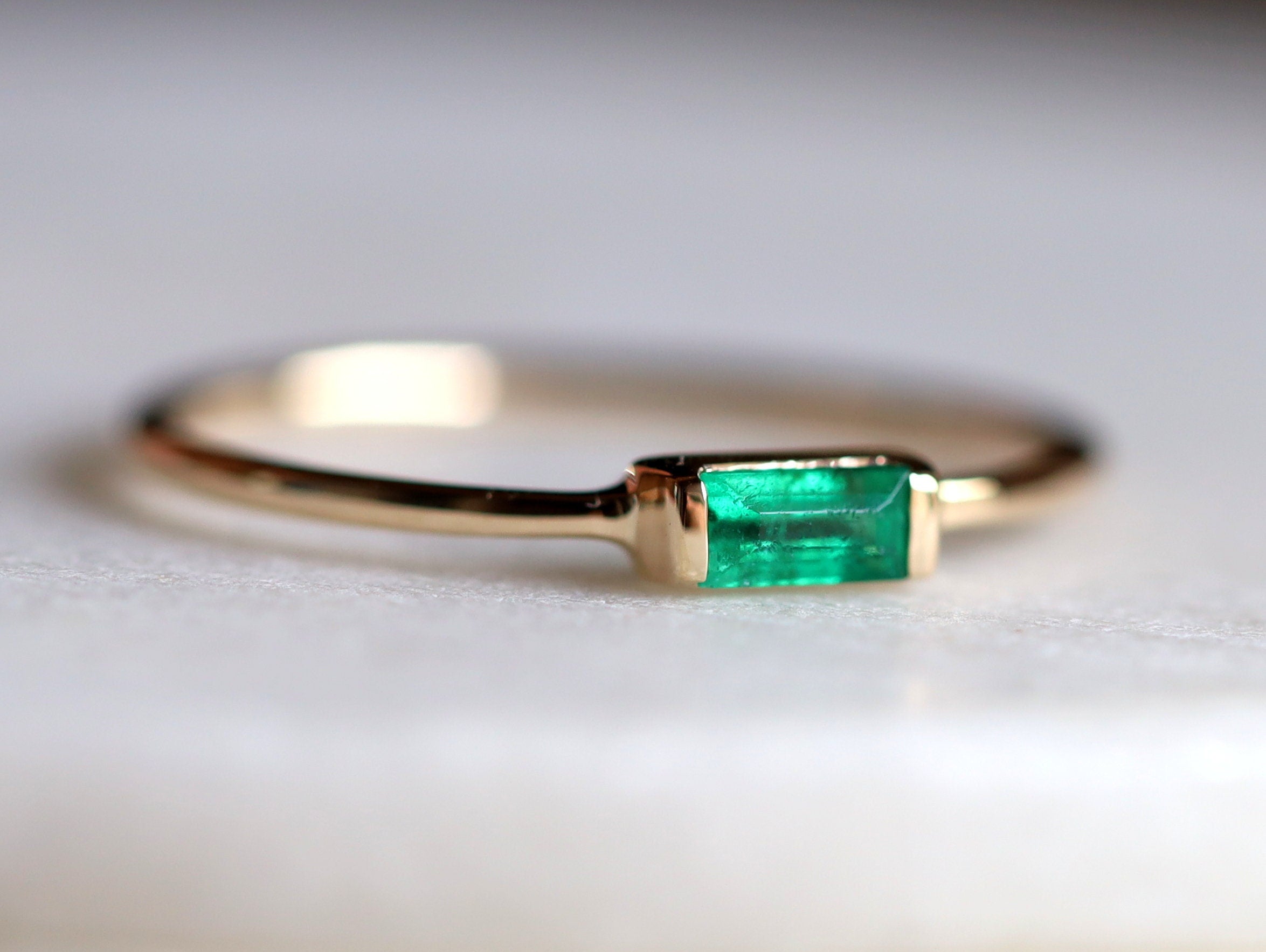 Emerald Baguette Stacking Ring | May Birthstone Gold Baguette Engagement Ring -