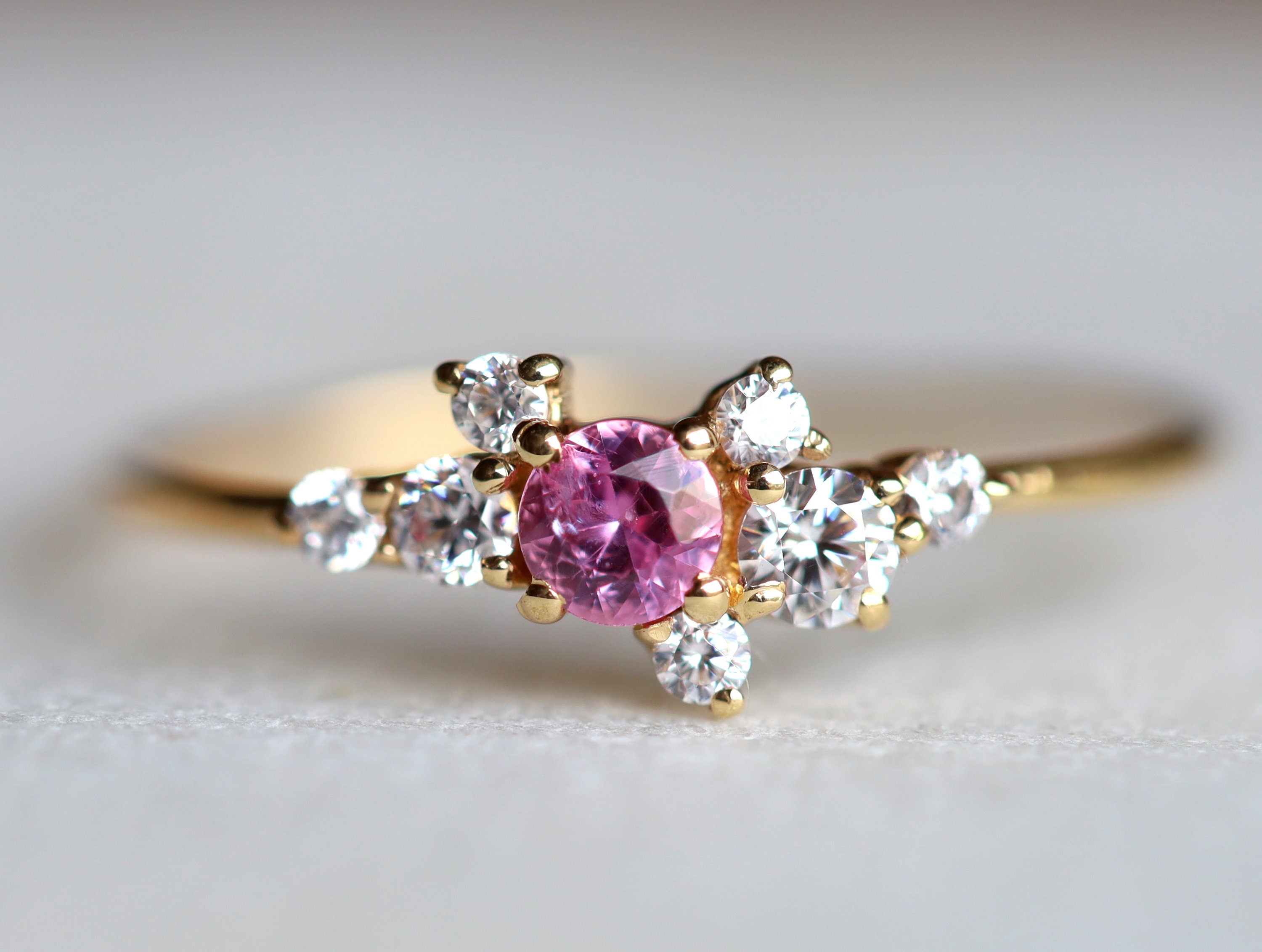 Pink Sapphire Engagement Ring | Sapphire & Diamond Cluster Ring | Birthstone Ring -