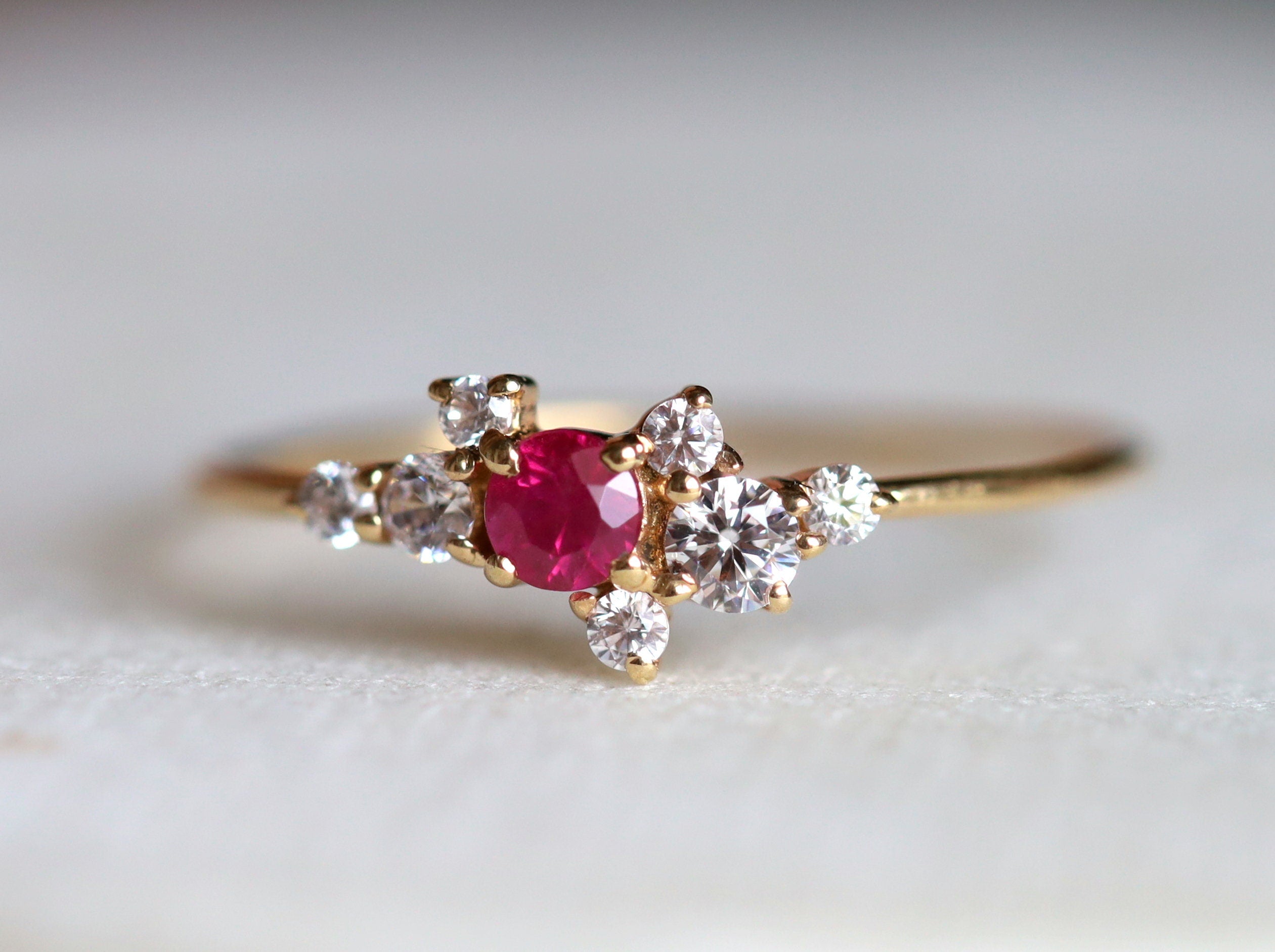 Ruby Diamond Engagement Ring | Red Ruby Round Cut | Cluster Ruby Ring -