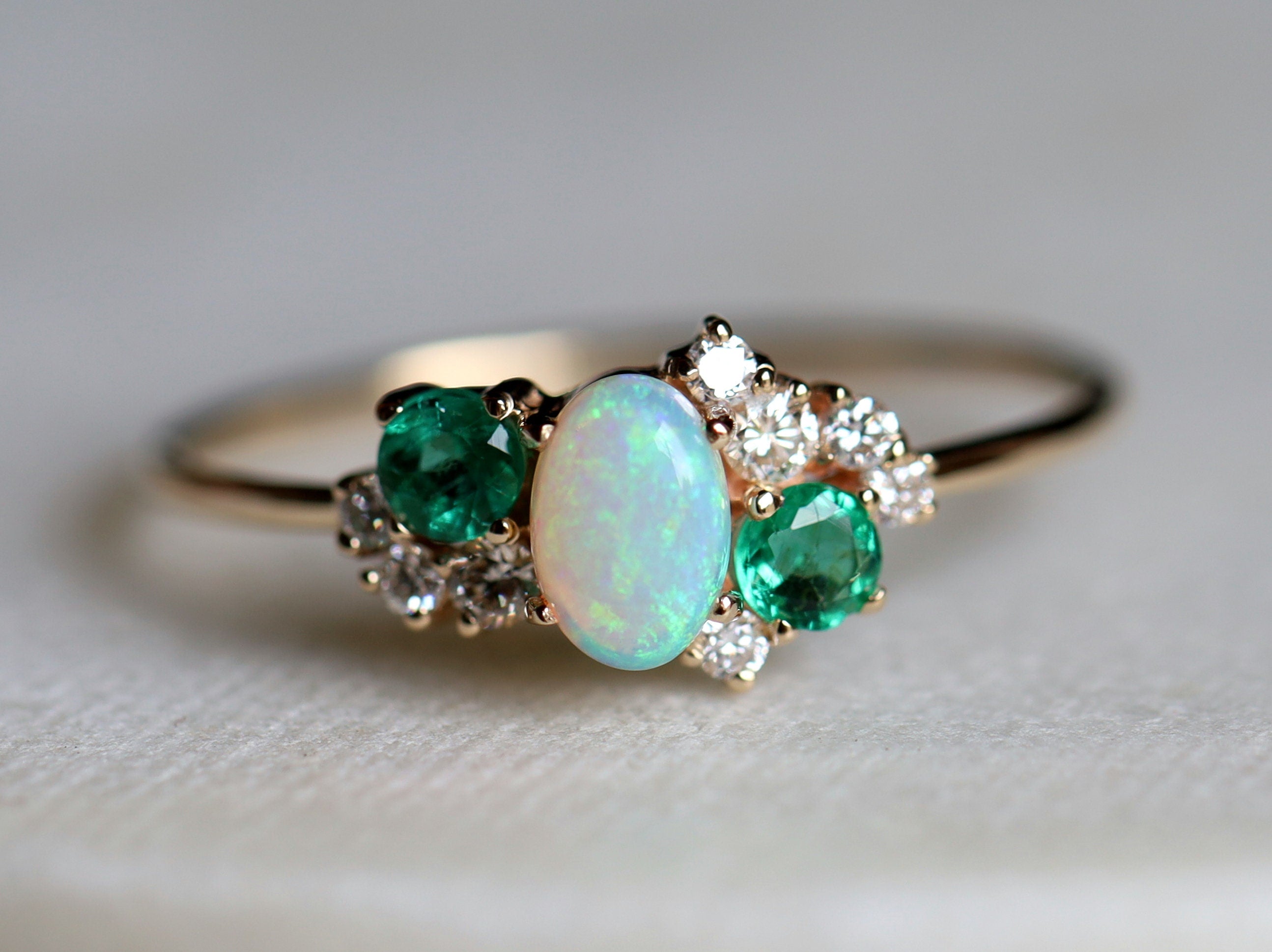 Opal and Emerald Cluster Engagement Ring | Diamond Opal Cluster Ring | Engagement Ring -
