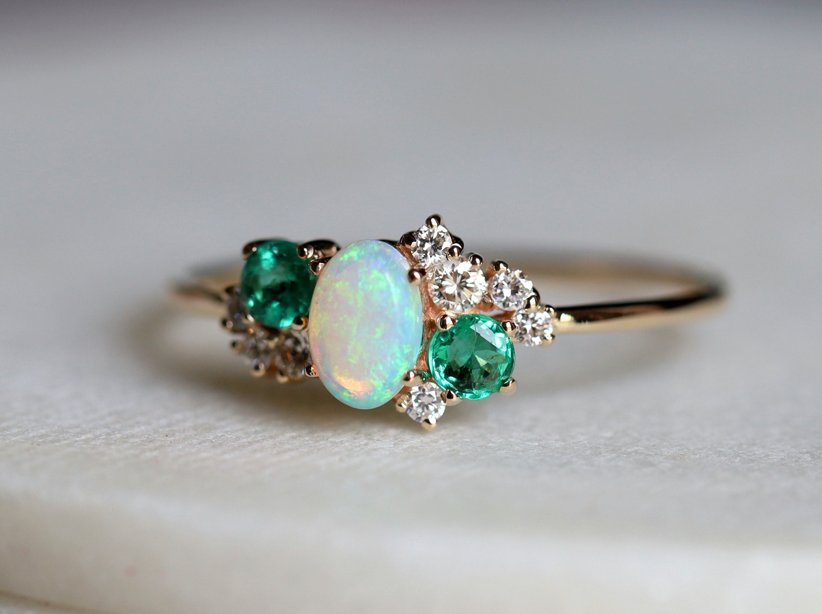 Opal and Emerald Cluster Engagement Ring | Diamond Opal Cluster Ring | Engagement Ring -