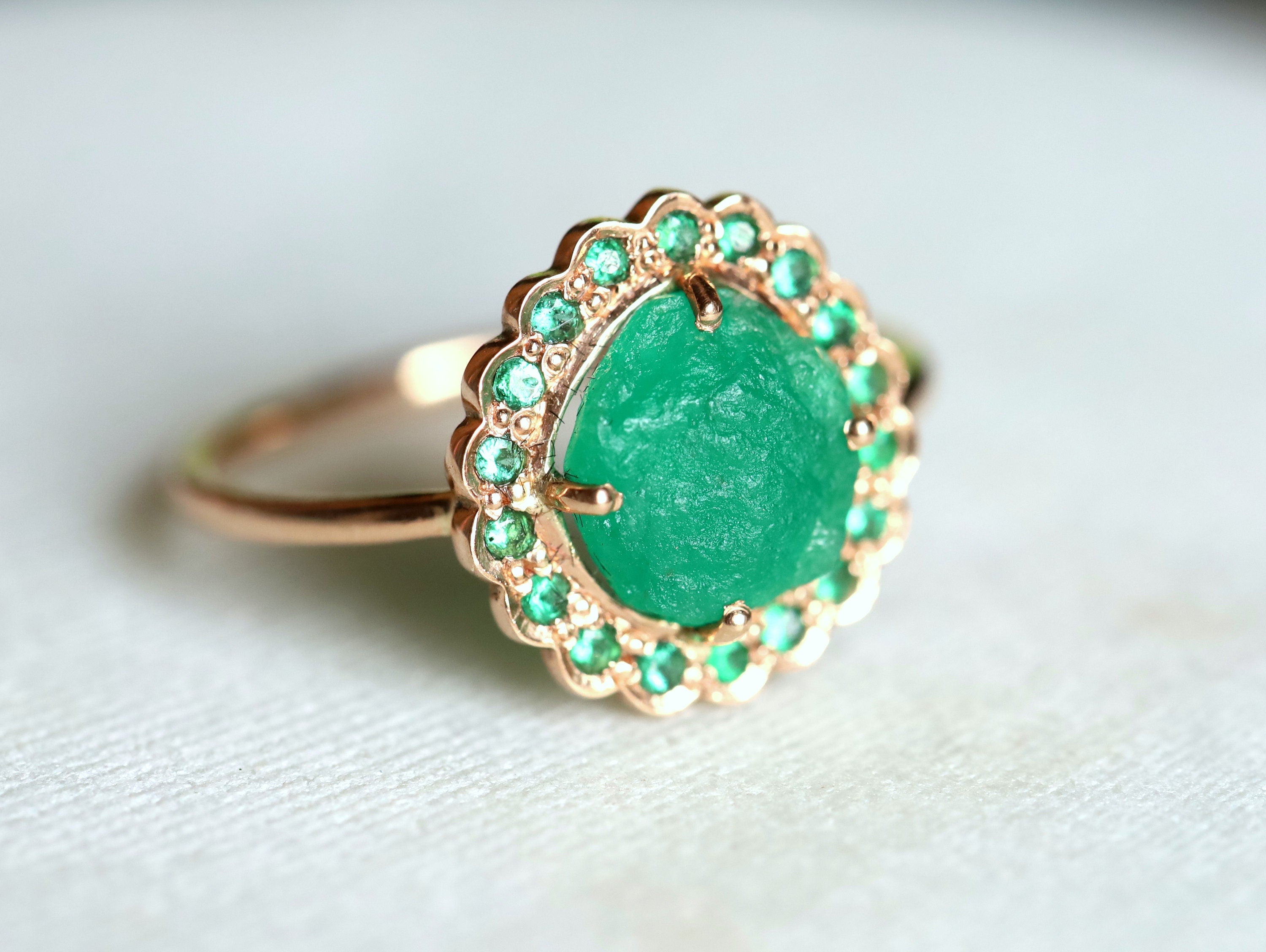 Raw Emerald Halo Ring | May Birthstone Engagement Ring | Raw Gemstone Ring -