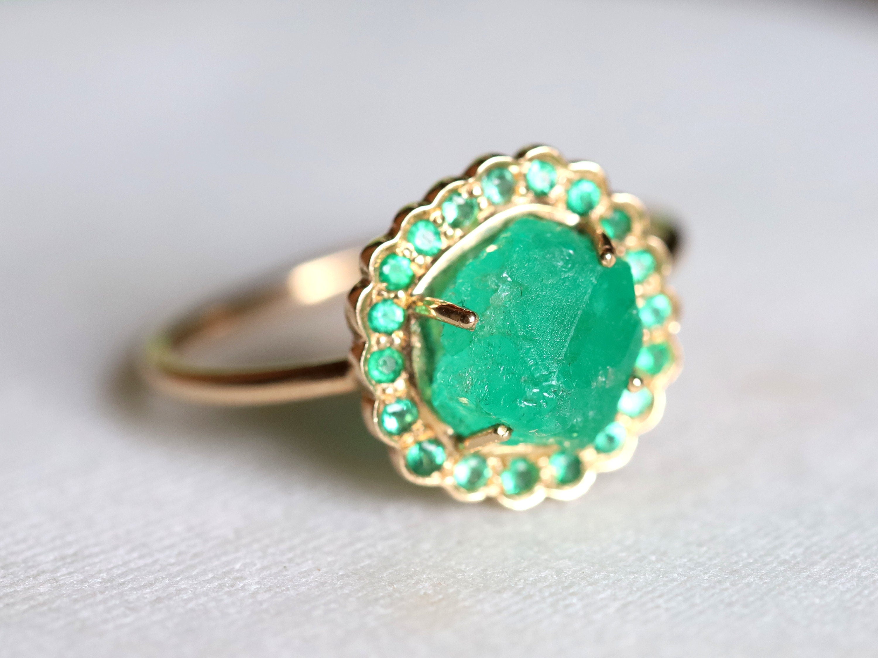 Raw Emerald Halo Ring | May Birthstone Engagement Ring | Raw Gemstone Ring -