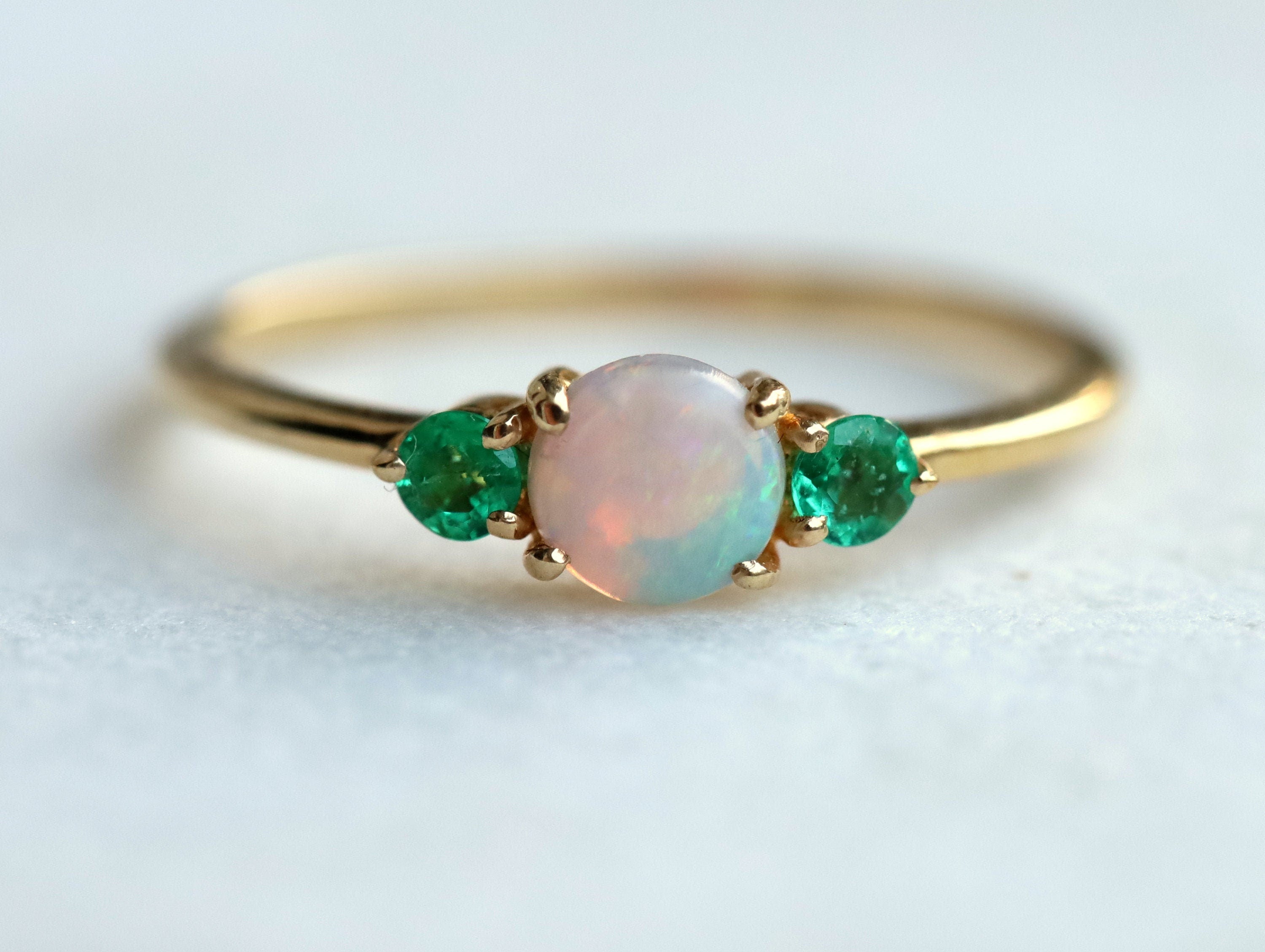 Opal Engagement Ring | Australian Opal and Emerald Ring | Three-Stone June Birthstone Ring -