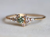 Green Sapphire Cluster Engagement Ring | Sapphire & Diamond Cluster Ring | Birthstone Engagement Ring -