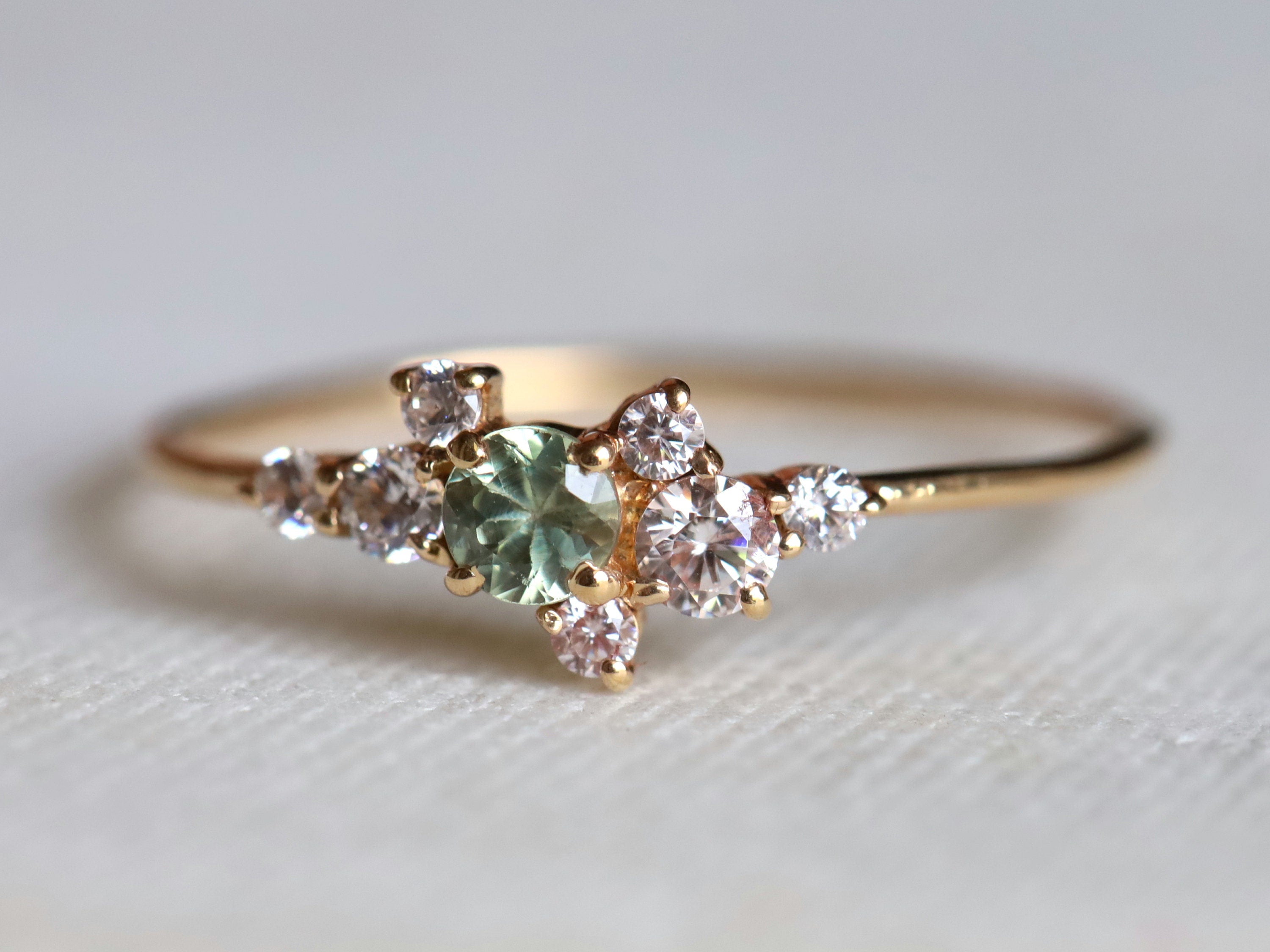 Green Sapphire Cluster Engagement Ring | Sapphire & Diamond Cluster Ring | Birthstone Engagement Ring -
