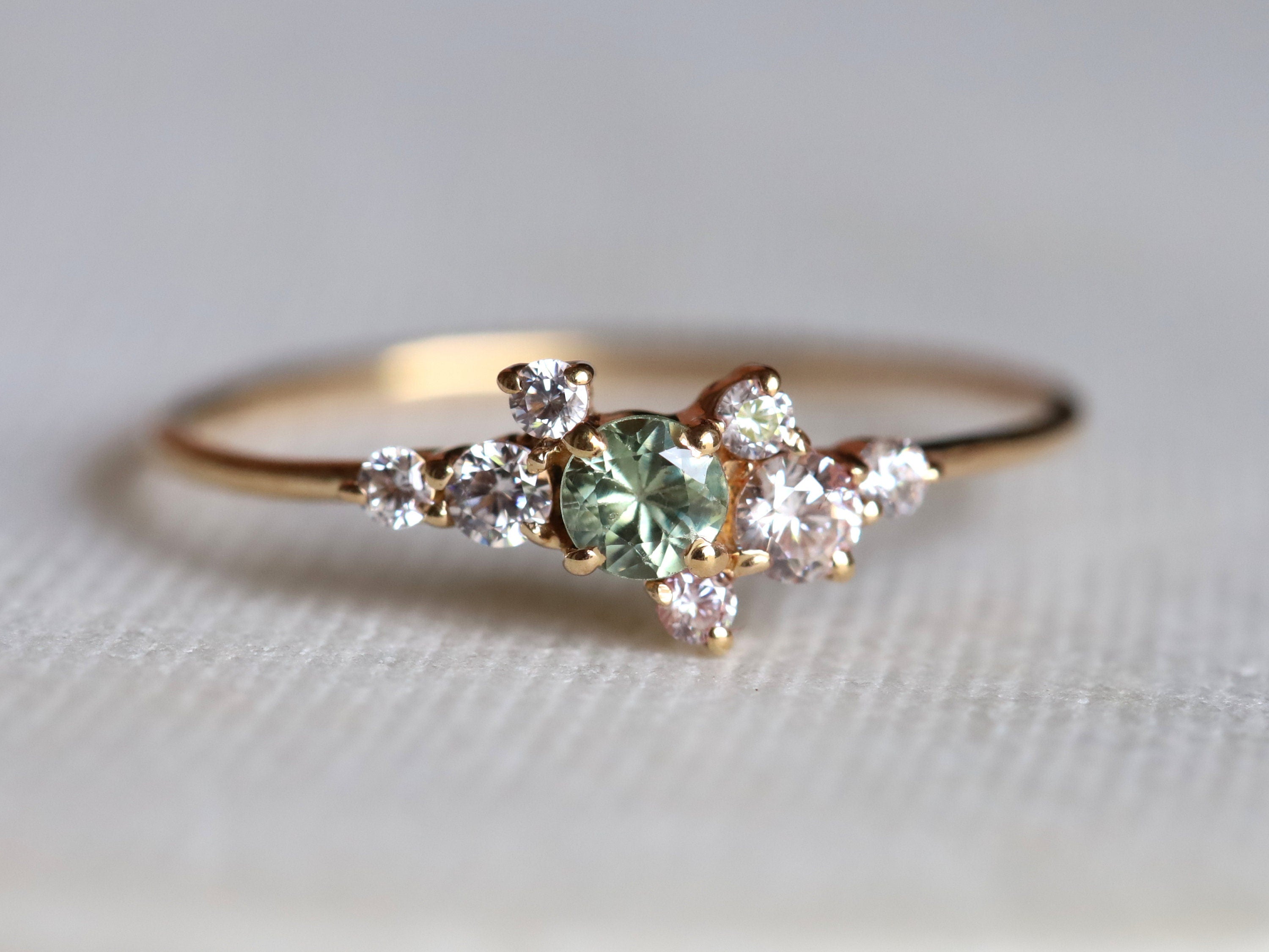 Green Sapphire Cluster Engagement Ring | Sapphire & Diamond Cluster Ring | Birthstone Engagement Ring -