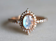 Art Deco Rainbow Moonstone Engagement Ring | Diamond Halo Oval Cut Moonstone Ring | Gift for Her -
