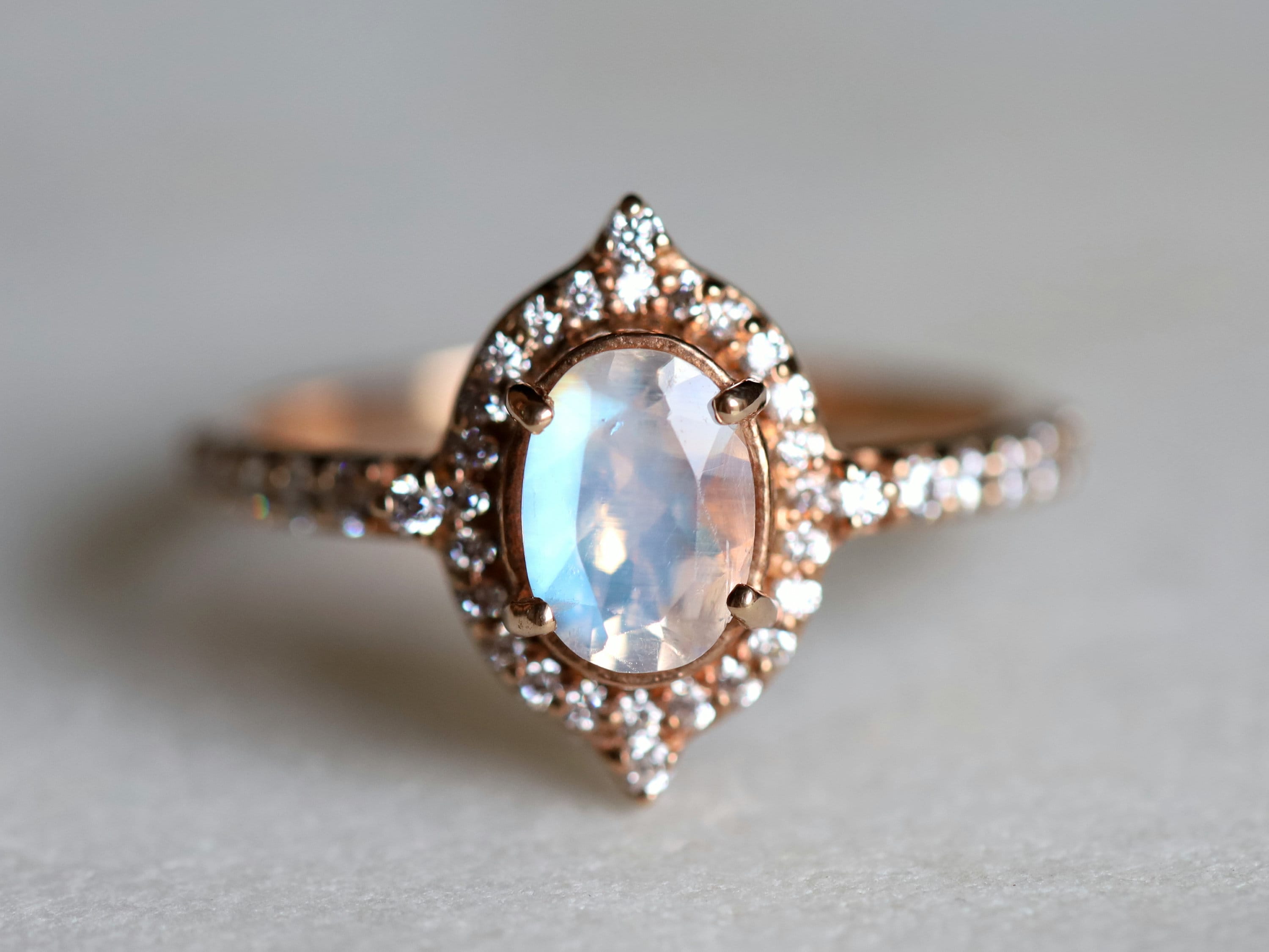 Art Deco Rainbow Moonstone Engagement Ring | Diamond Halo Oval Cut Moonstone Ring | Gift for Her -