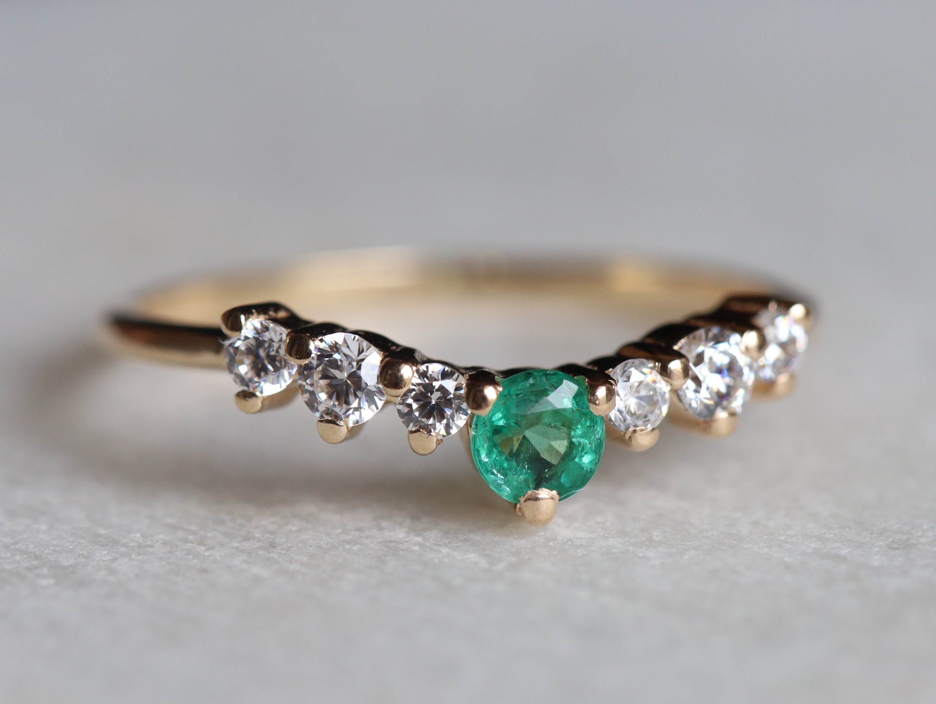 Curved Wedding Band | Emerald Diamond Wedding Ring | Stackable Wedding Ring for Women -