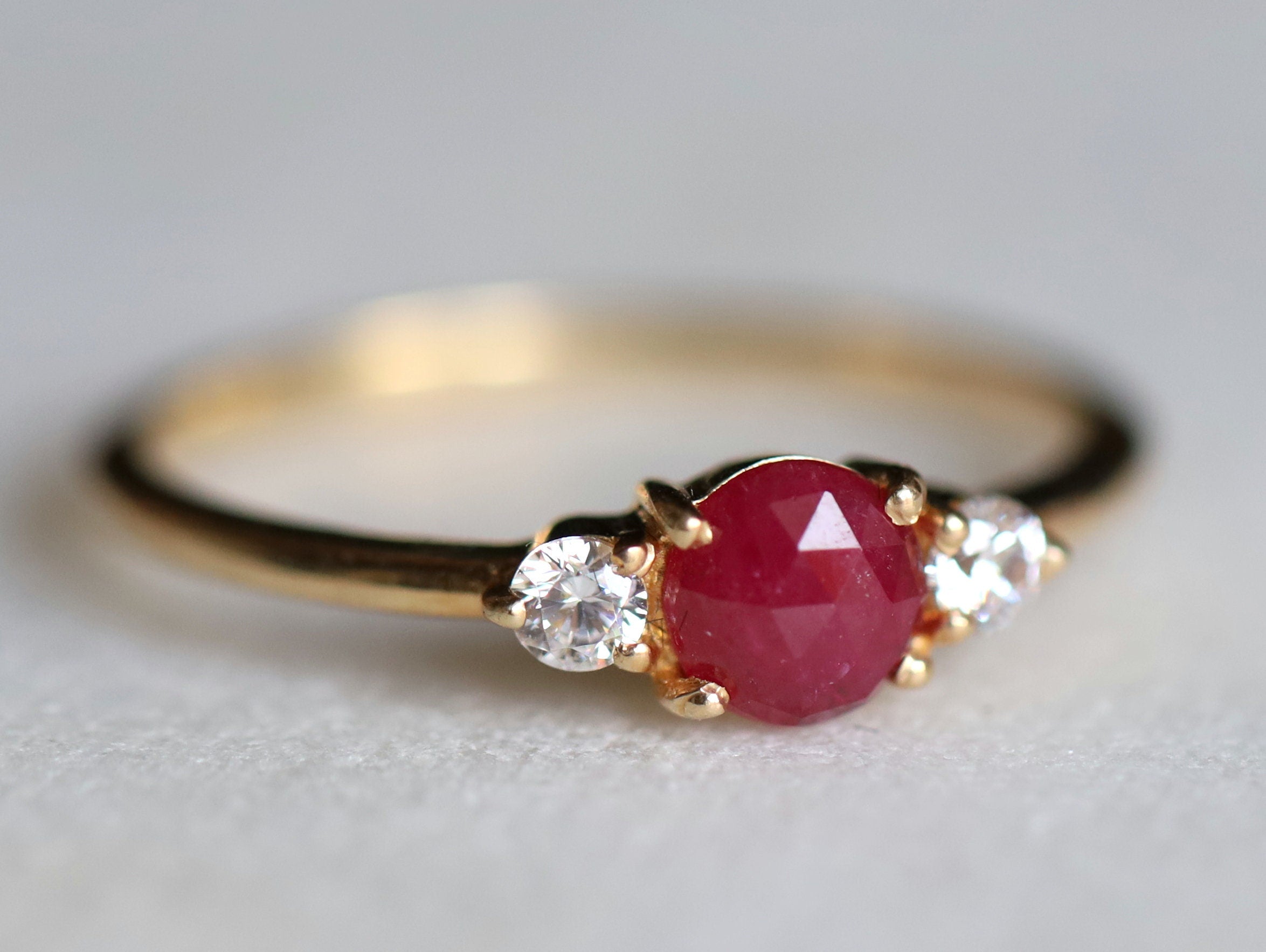 Ruby Engagement Ring | Diamond & Ruby Three-Stone Stacking Ring | Natural Ruby Promise Ring -
