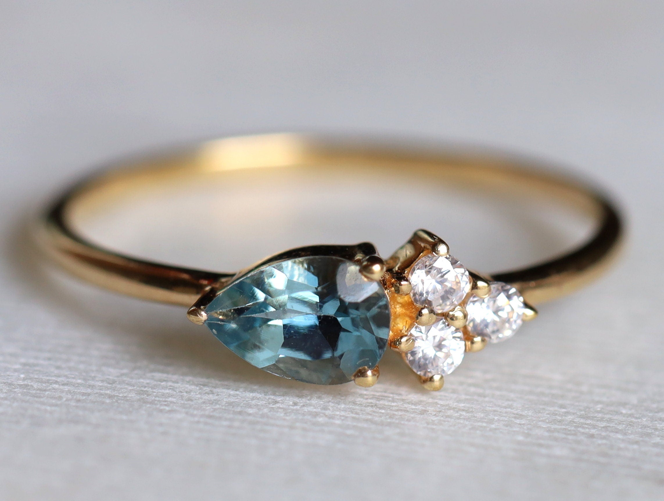 Aquamarine Engagement Ring | Pear Cut Aquamarine and Diamond Ring | March Birthstone Cluster Ring -