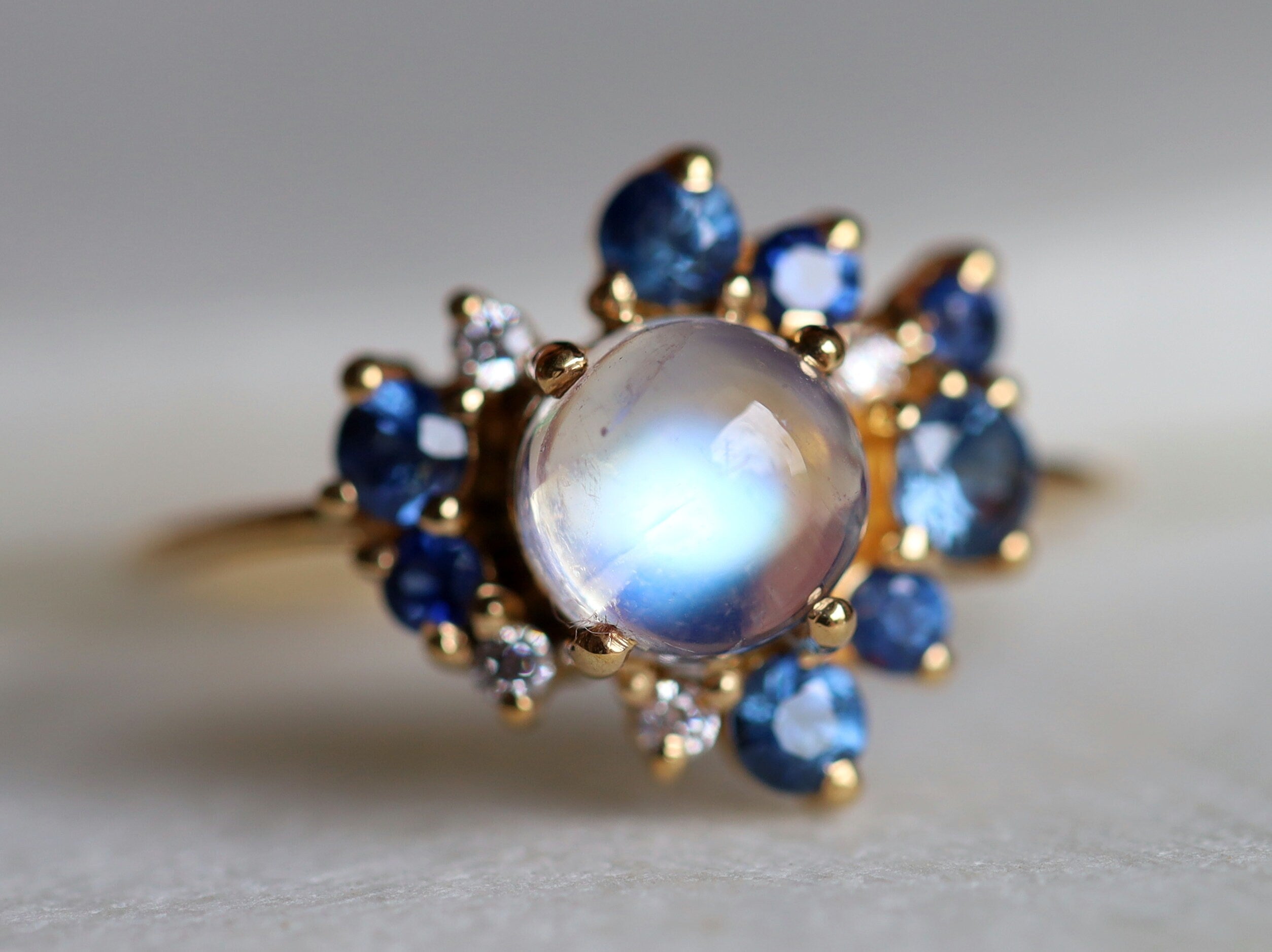 Moonstone Sapphire Cluster Ring | Rainbow Moonstone Engagement Ring | Anniversary Gift -