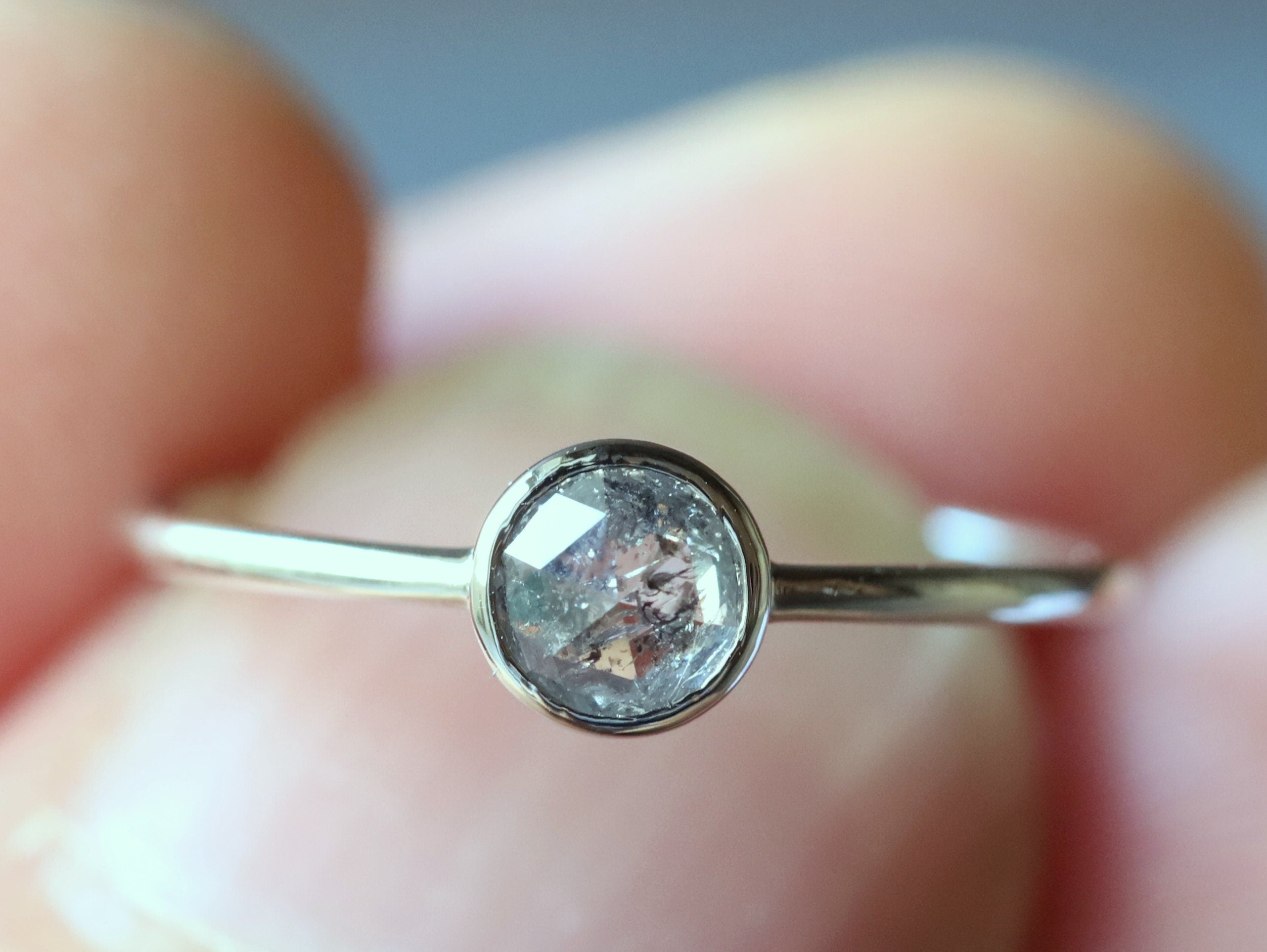 Gray Diamond Stacking Ring | Rose Cut Diamond Ring | Dainty Salt & Pepper Ring -