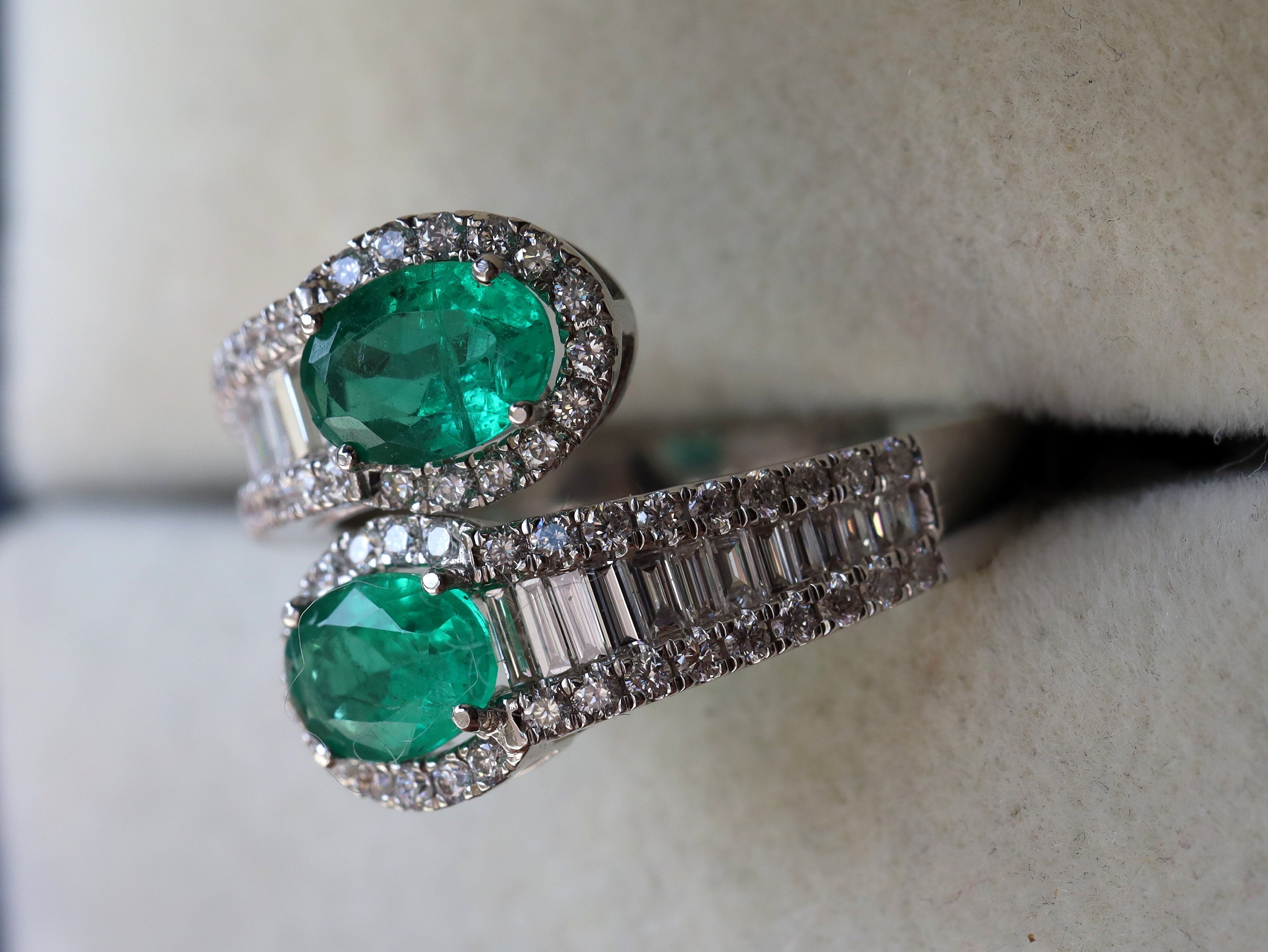 Emerald and Diamond Engagement Ring | Adjustable Serpent Snake Design Ring | Baguette Diamond Ring -