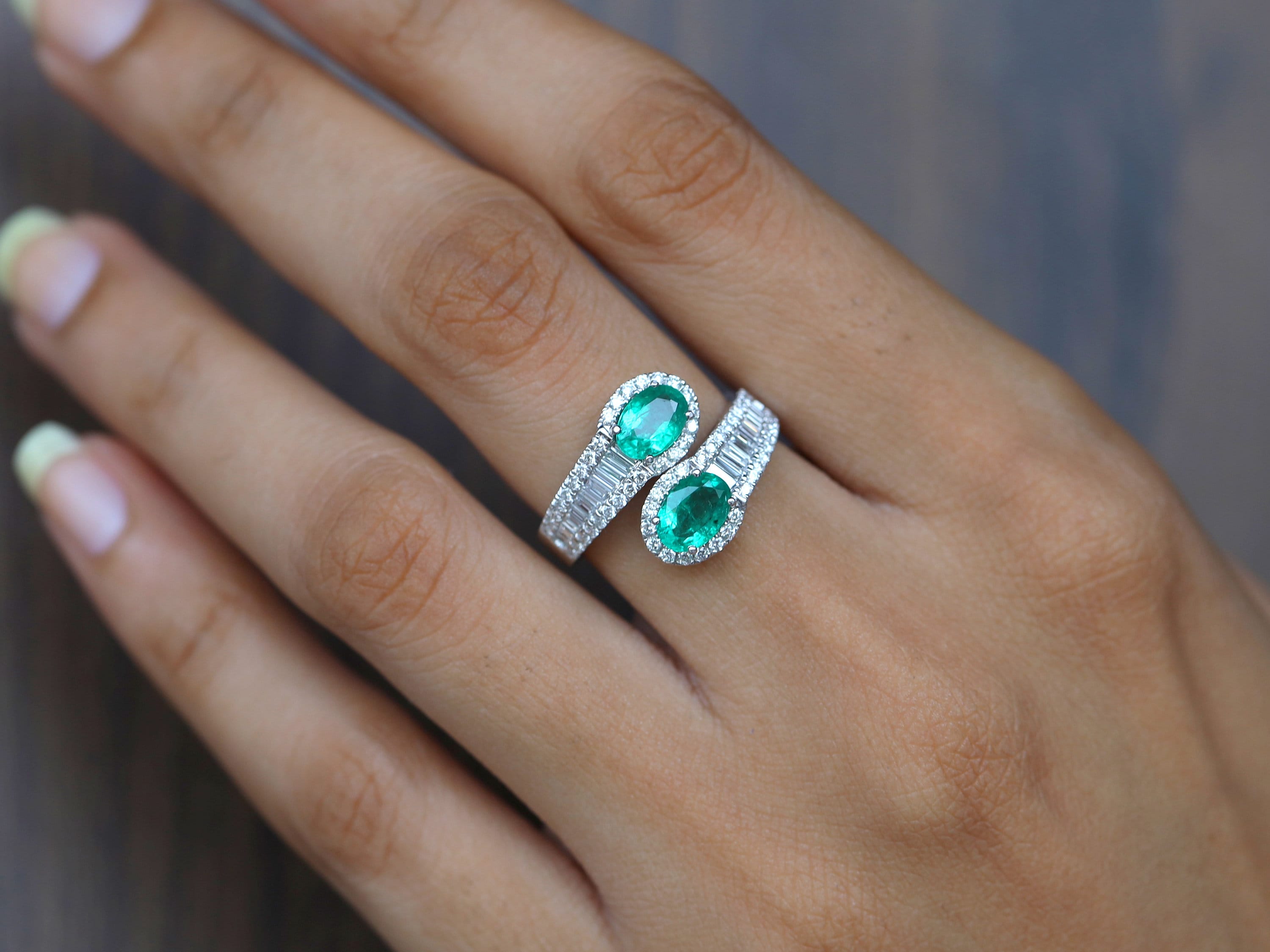 Emerald and Diamond Engagement Ring | Adjustable Serpent Snake Design Ring | Baguette Diamond Ring -
