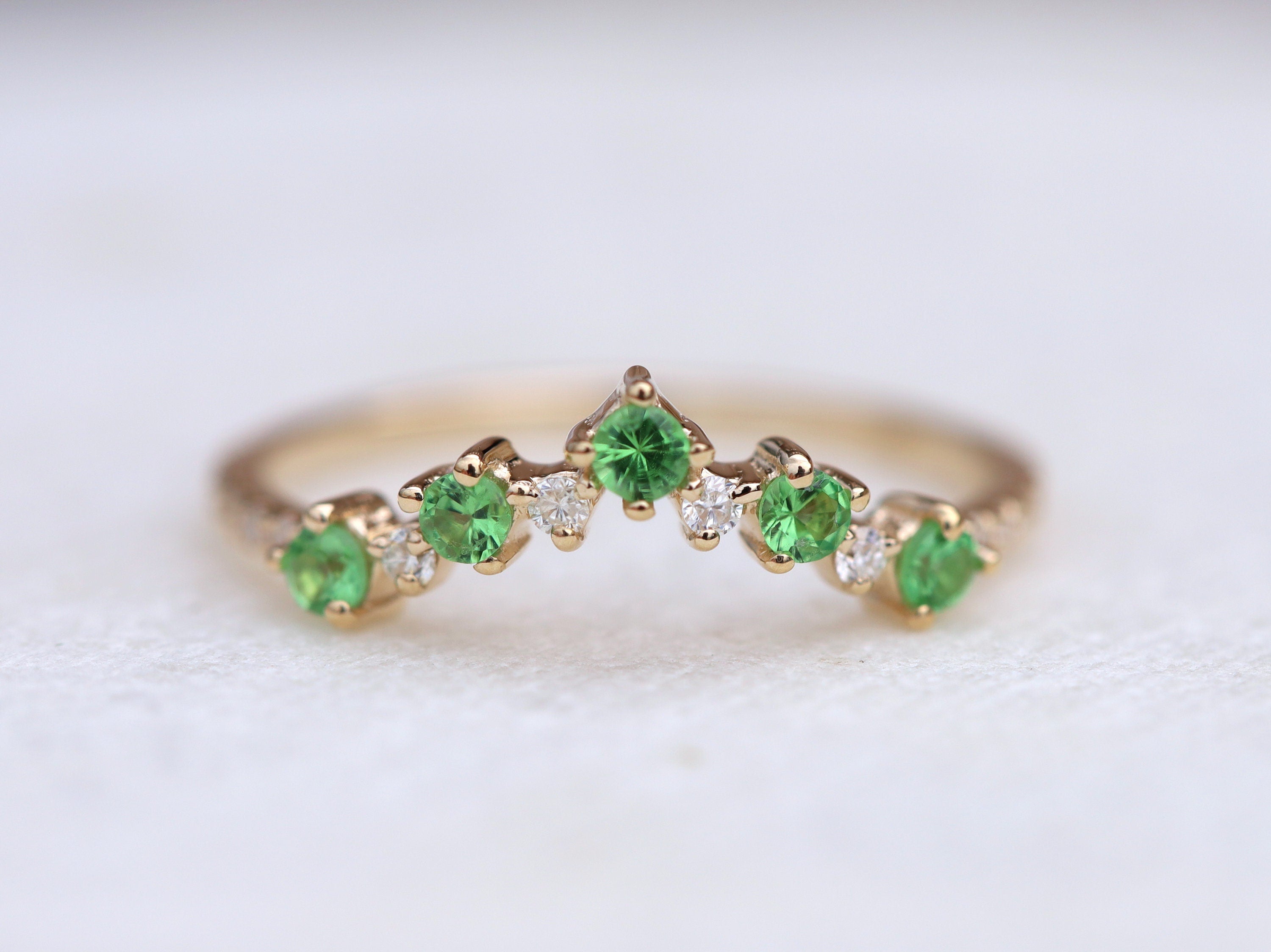 Green Tourmaline Cluster Ring | Curved Wedding Band | Stacking Tourmaline Ring | Green Tourmaline Band -