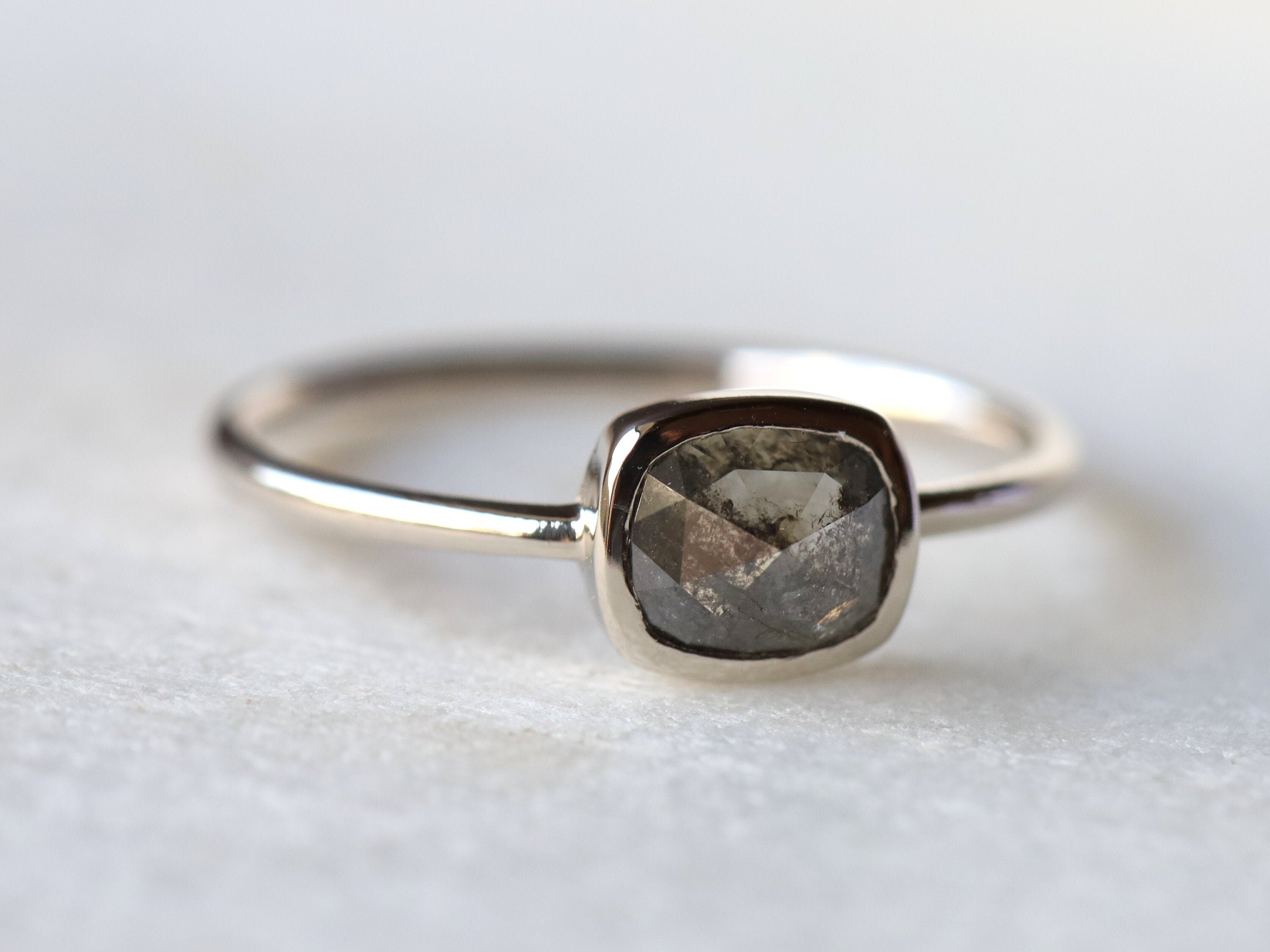 Salt & Pepper Diamond Ring | 1.5 ct Gray Rose Cut Diamond, Cushion Cut, Stacking Ring -