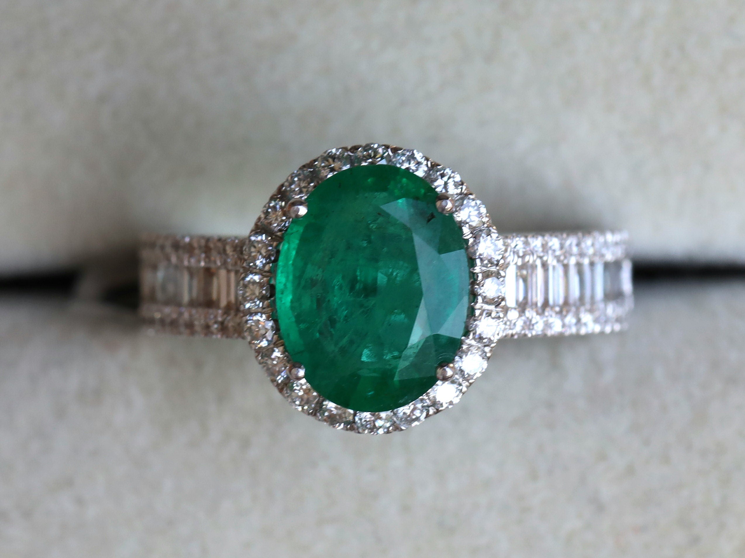 Emerald Engagement Ring | 2ct Emerald | Art Deco Halo | Vintage Diamond Baguette -