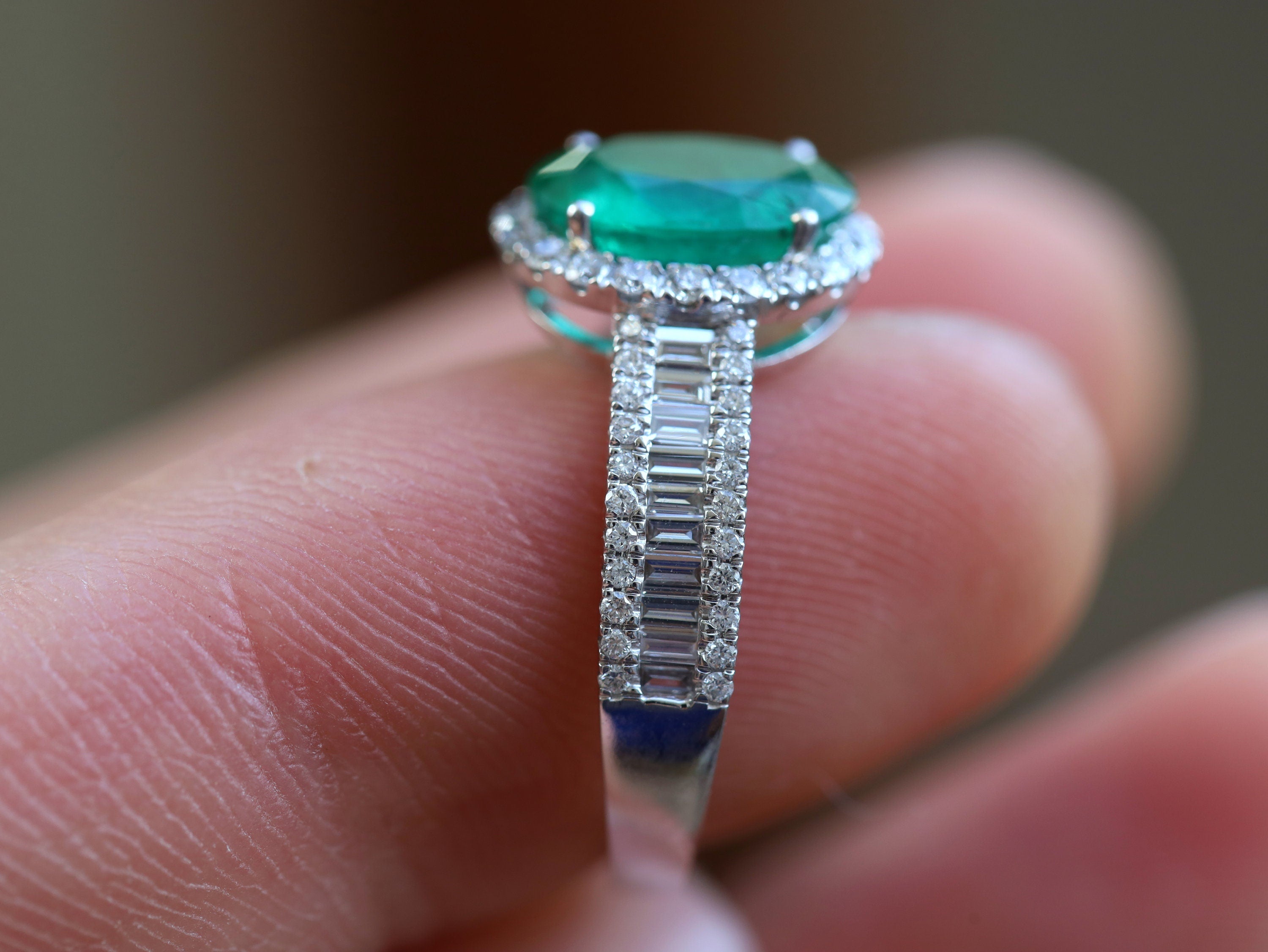 Emerald Engagement Ring | 2ct Emerald | Art Deco Halo | Vintage Diamond Baguette -