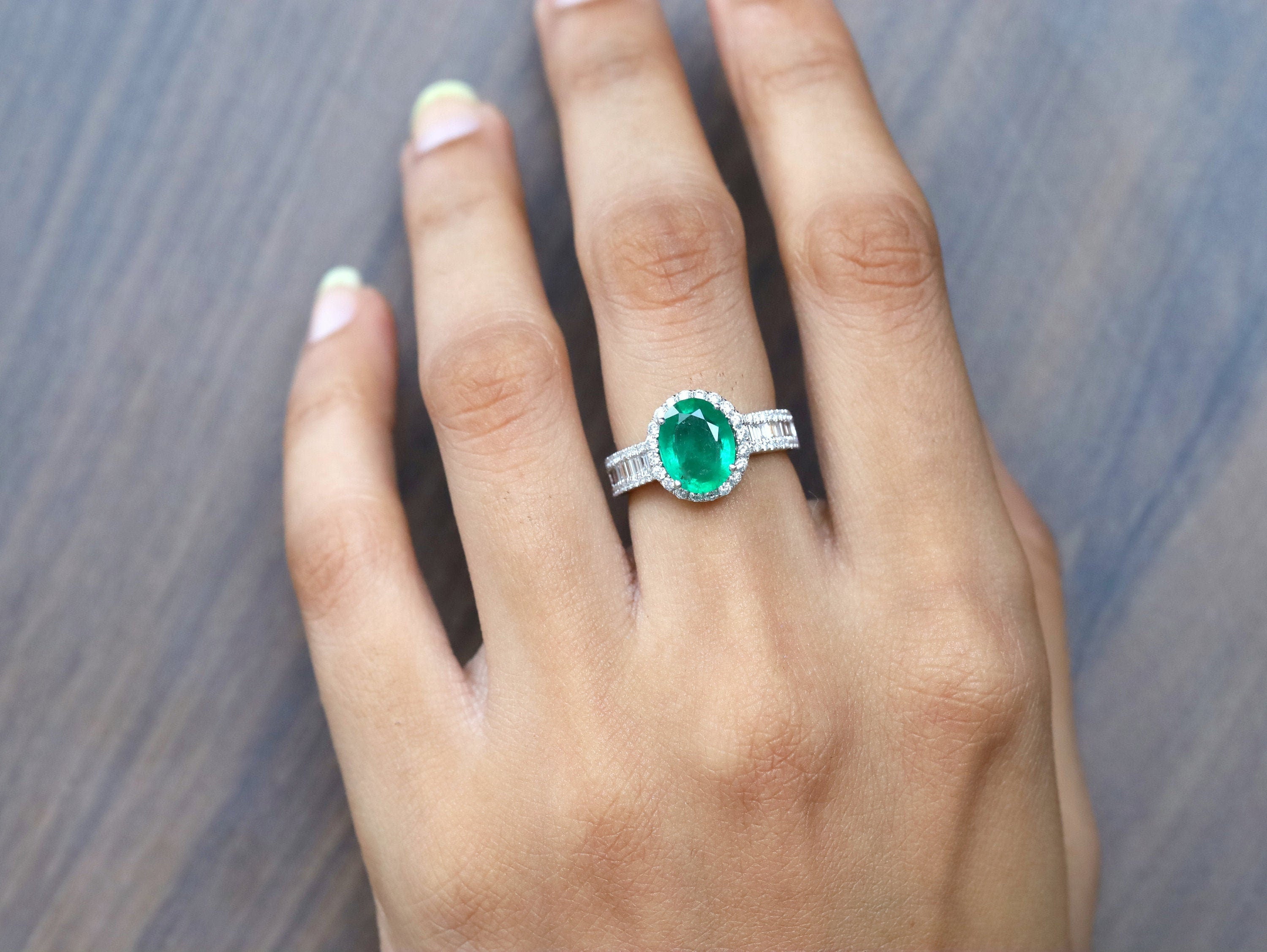 Emerald Engagement Ring | 2ct Emerald | Art Deco Halo | Vintage Diamond Baguette -