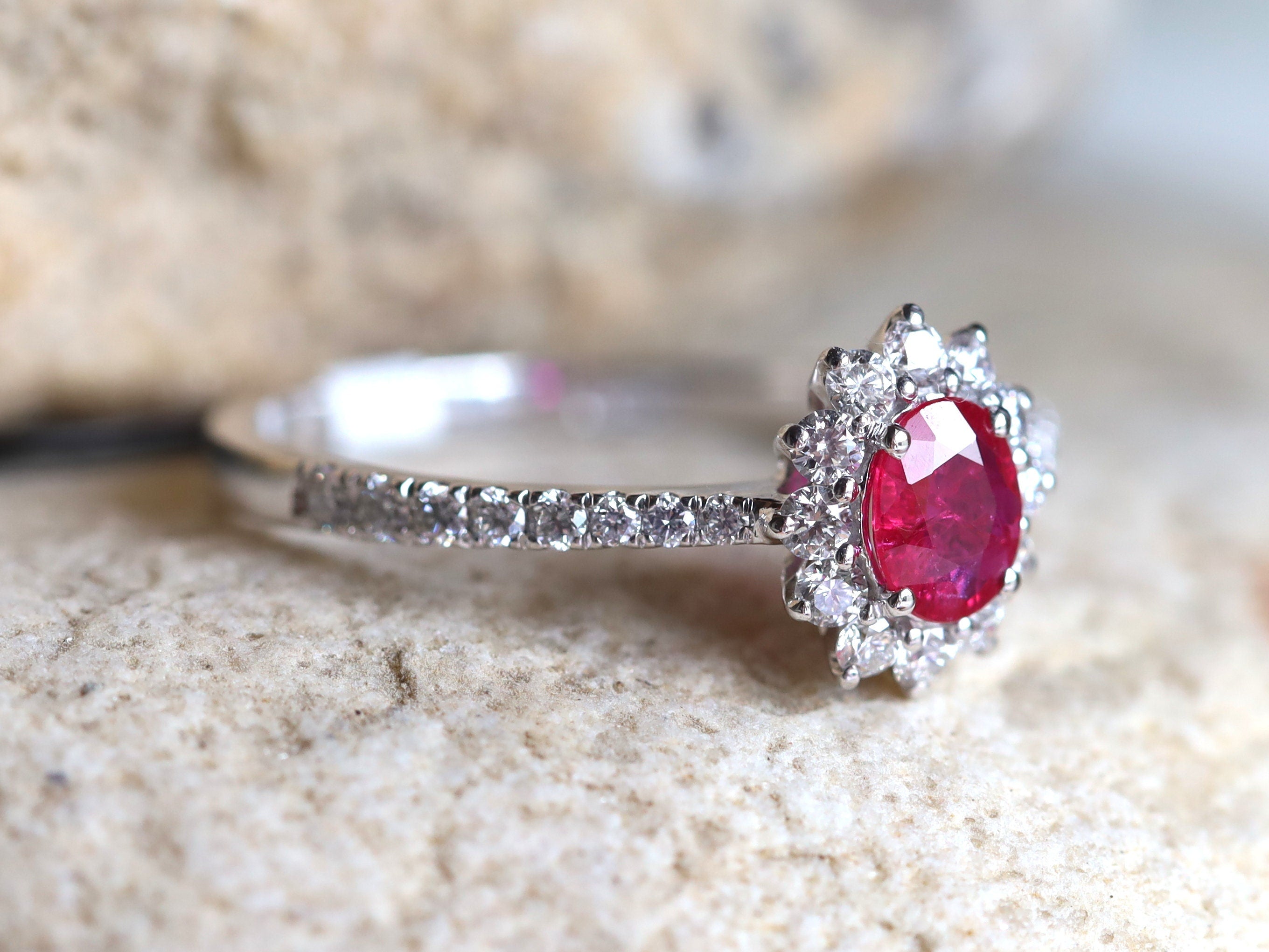 Genuine Ruby Halo Engagement Ring | Red Ruby & Diamond Gold Ring | Classic Ruby Ring -