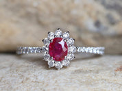 Genuine Ruby Halo Engagement Ring | Red Ruby & Diamond Gold Ring | Classic Ruby Ring -