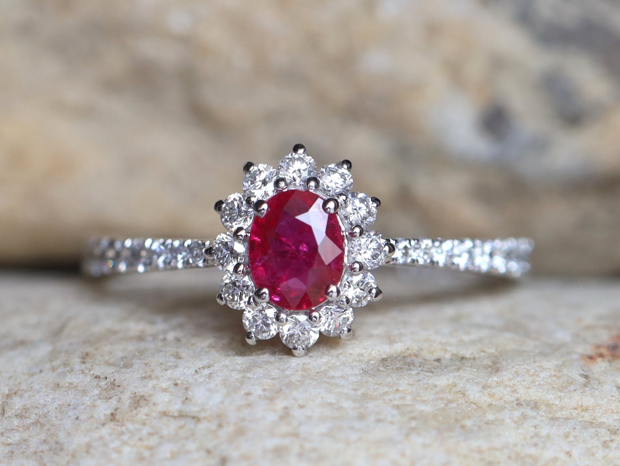 Genuine Ruby Halo Engagement Ring | Red Ruby & Diamond Gold Ring | Classic Ruby Ring -