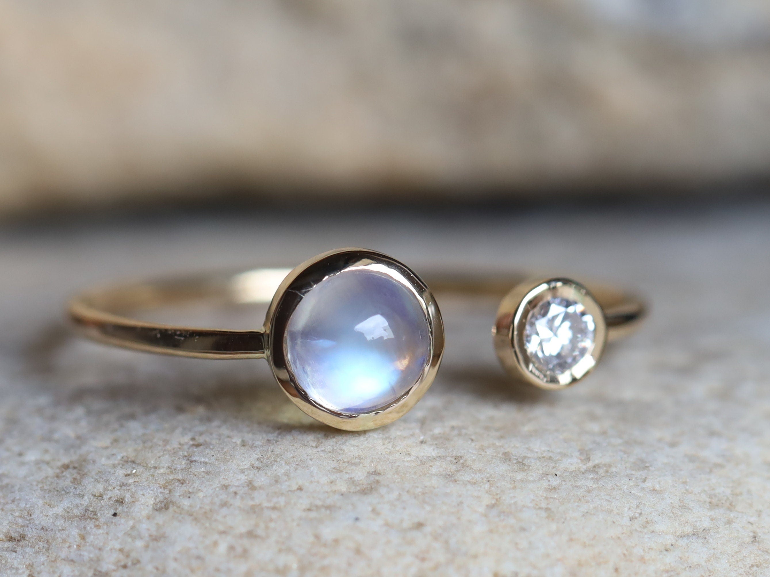 Moonstone & Diamond Adjustable Ring | Rainbow Moonstone Engagement Ring | June Birthstone -