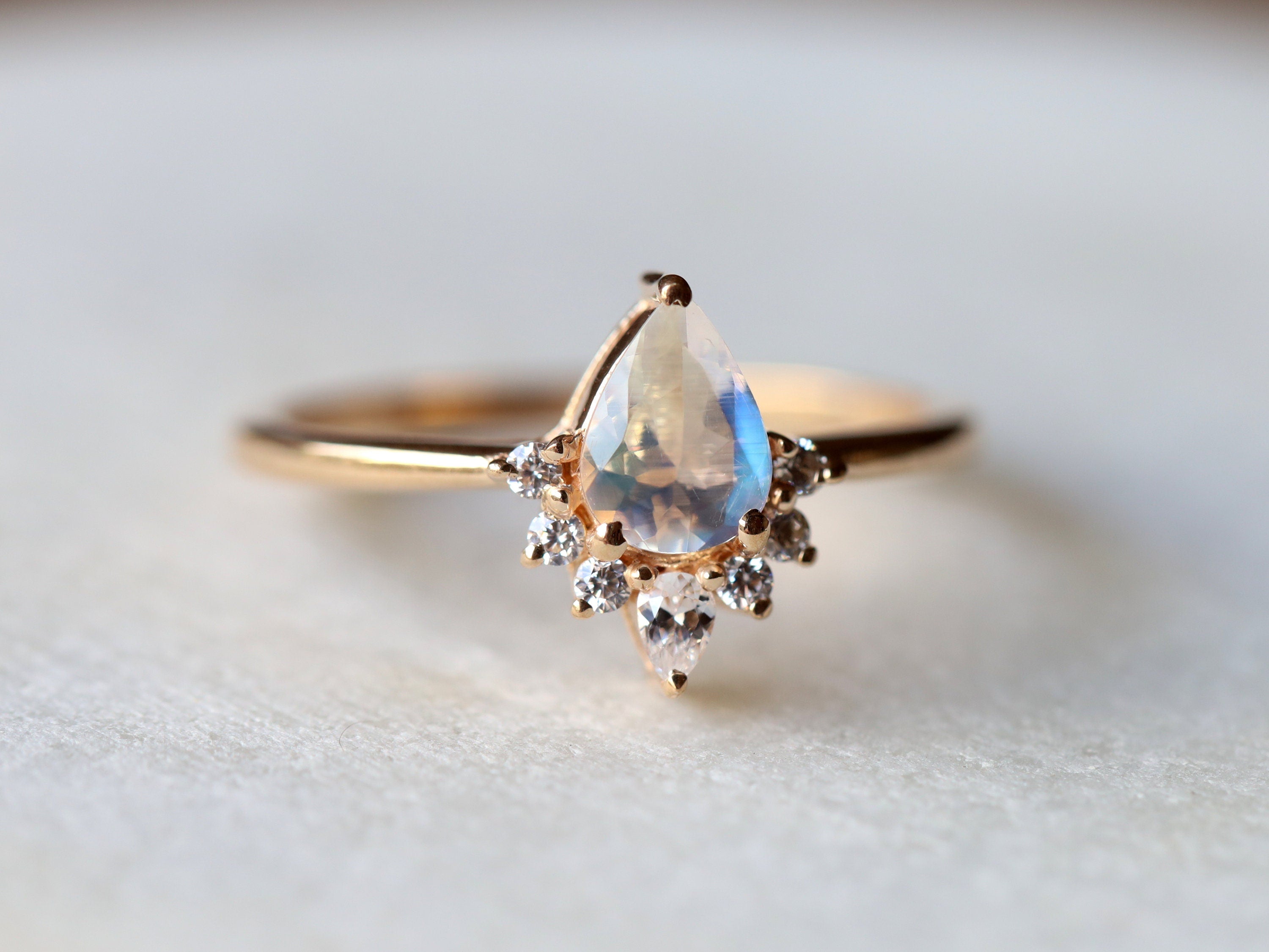 Rainbow Moonstone & Diamond Engagement Ring | Pear Cut Moonstone Ring | Anniversary Gift -
