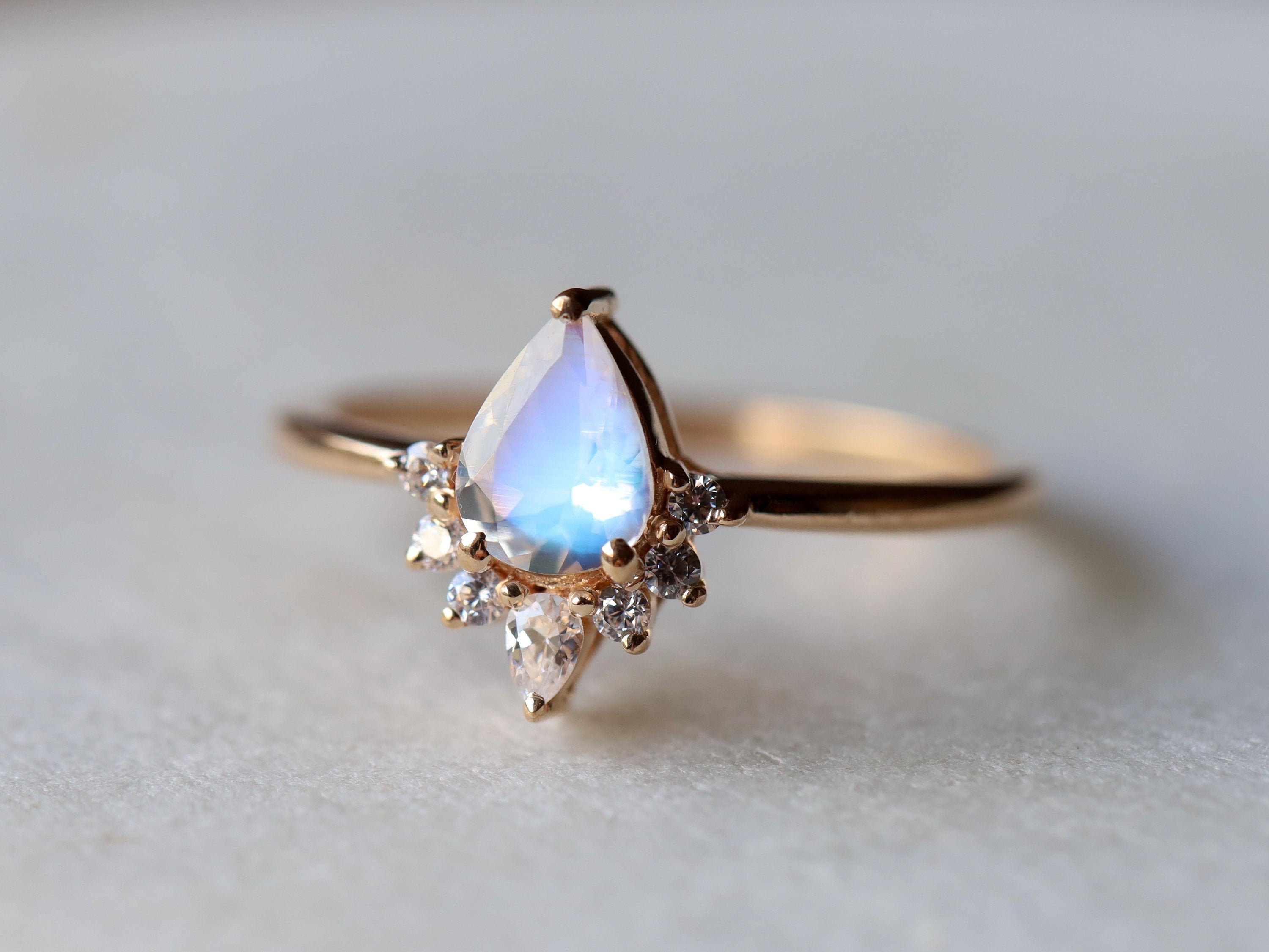 Rainbow Moonstone & Diamond Engagement Ring | Pear Cut Moonstone Ring | Anniversary Gift -