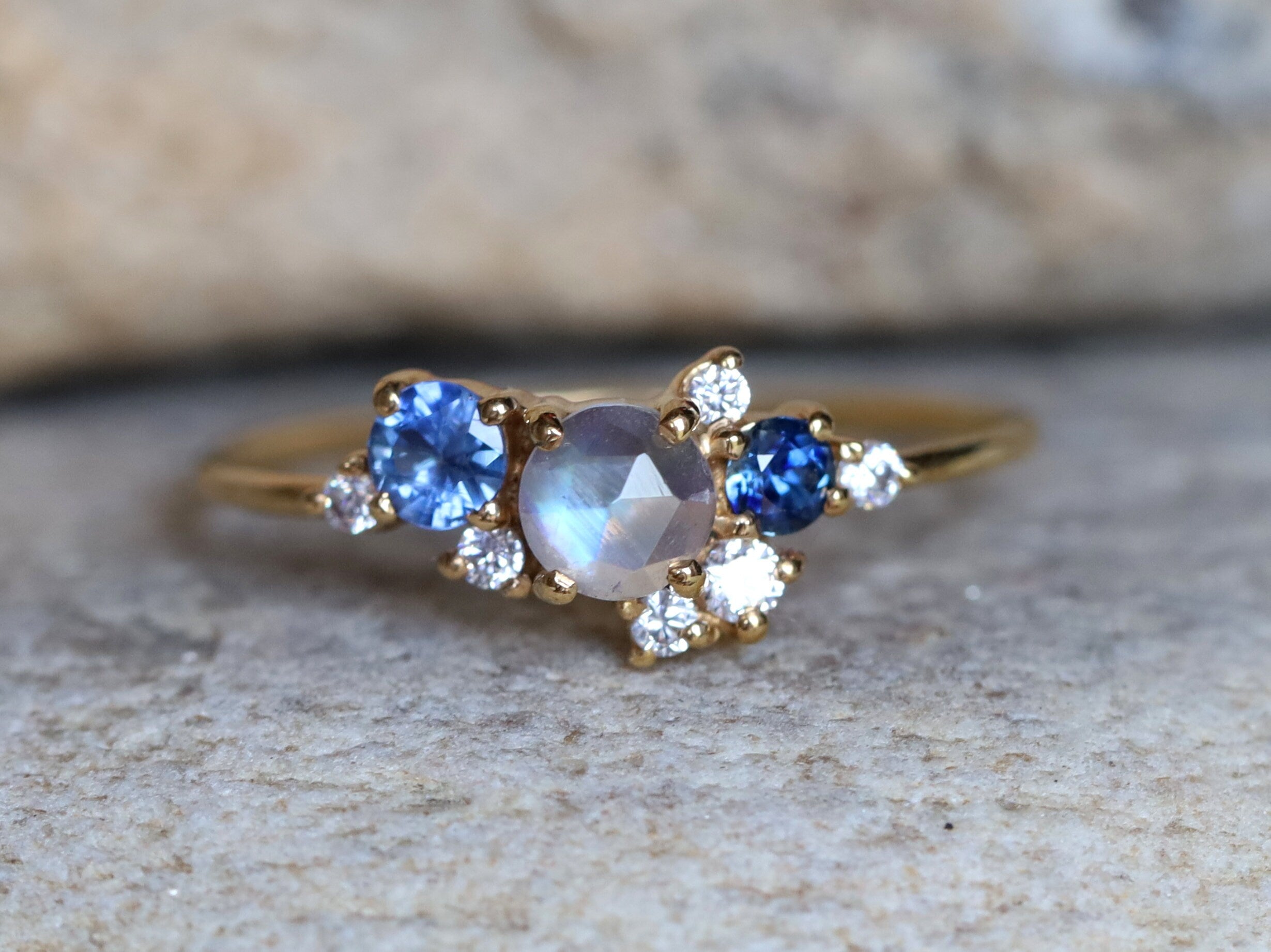 Moonstone Engagement Ring | Rainbow Moonstone & Diamond Cluster, June Birthstone, Sapphire Accent -
