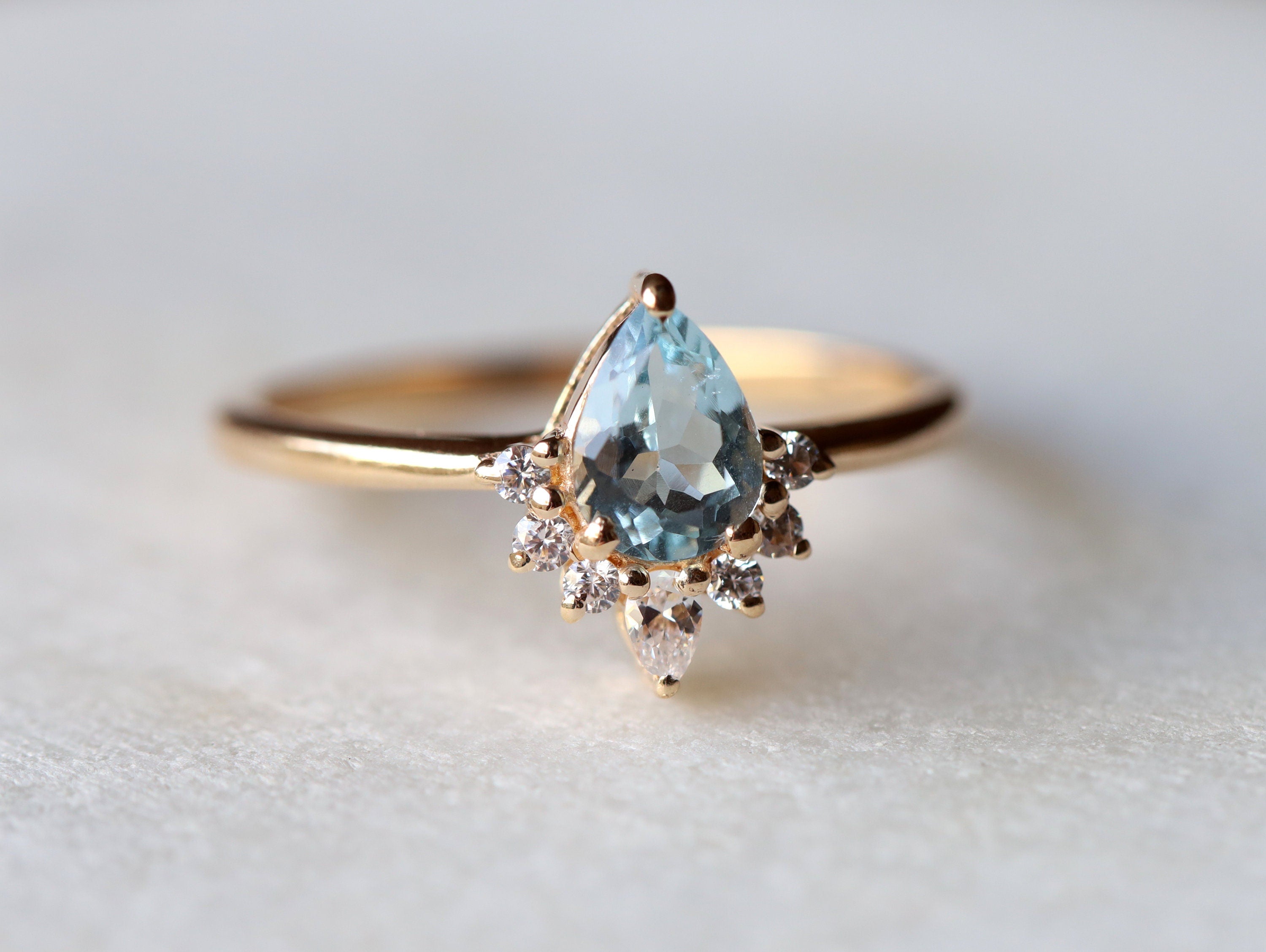 Pear Aquamarine Engagement Ring | Diamond Aquamarine Ring | March Birthstone Engagement Ring -