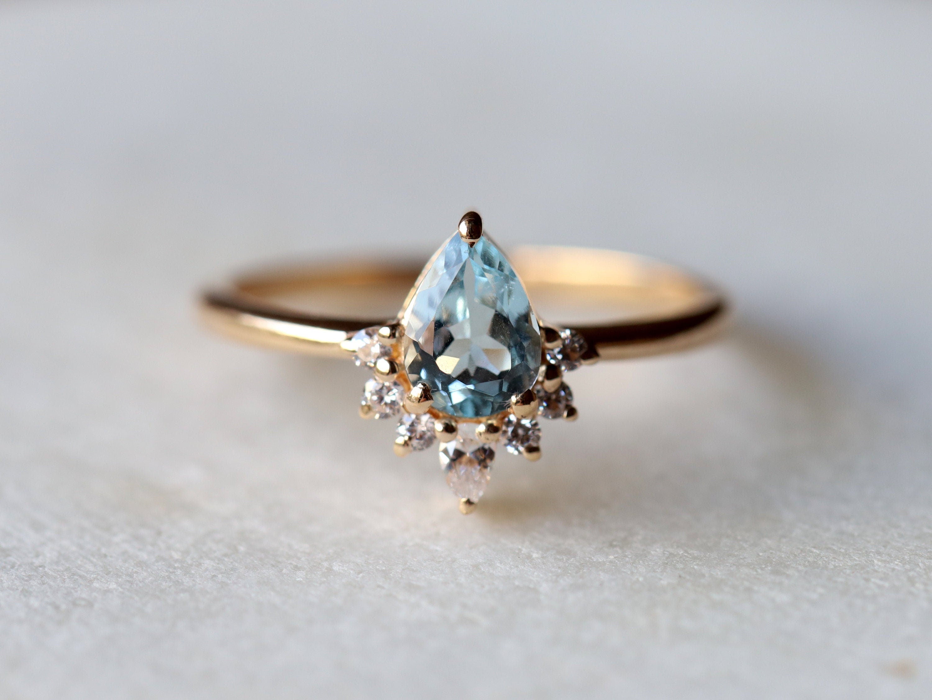 Pear Aquamarine Engagement Ring | Diamond Aquamarine Ring | March Birthstone Engagement Ring -