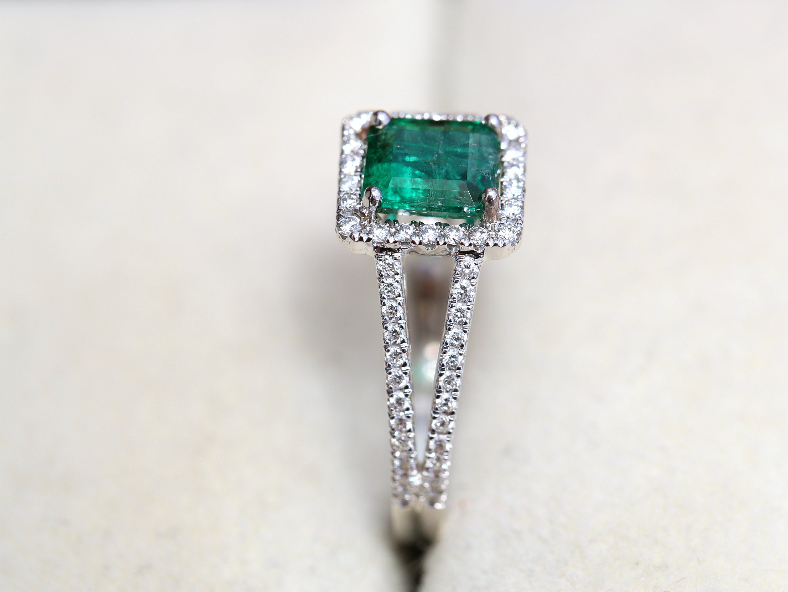 Emerald Engagement Ring | Green Emerald Halo Ring | 1 Carat Emerald Cut Engagement Ring -