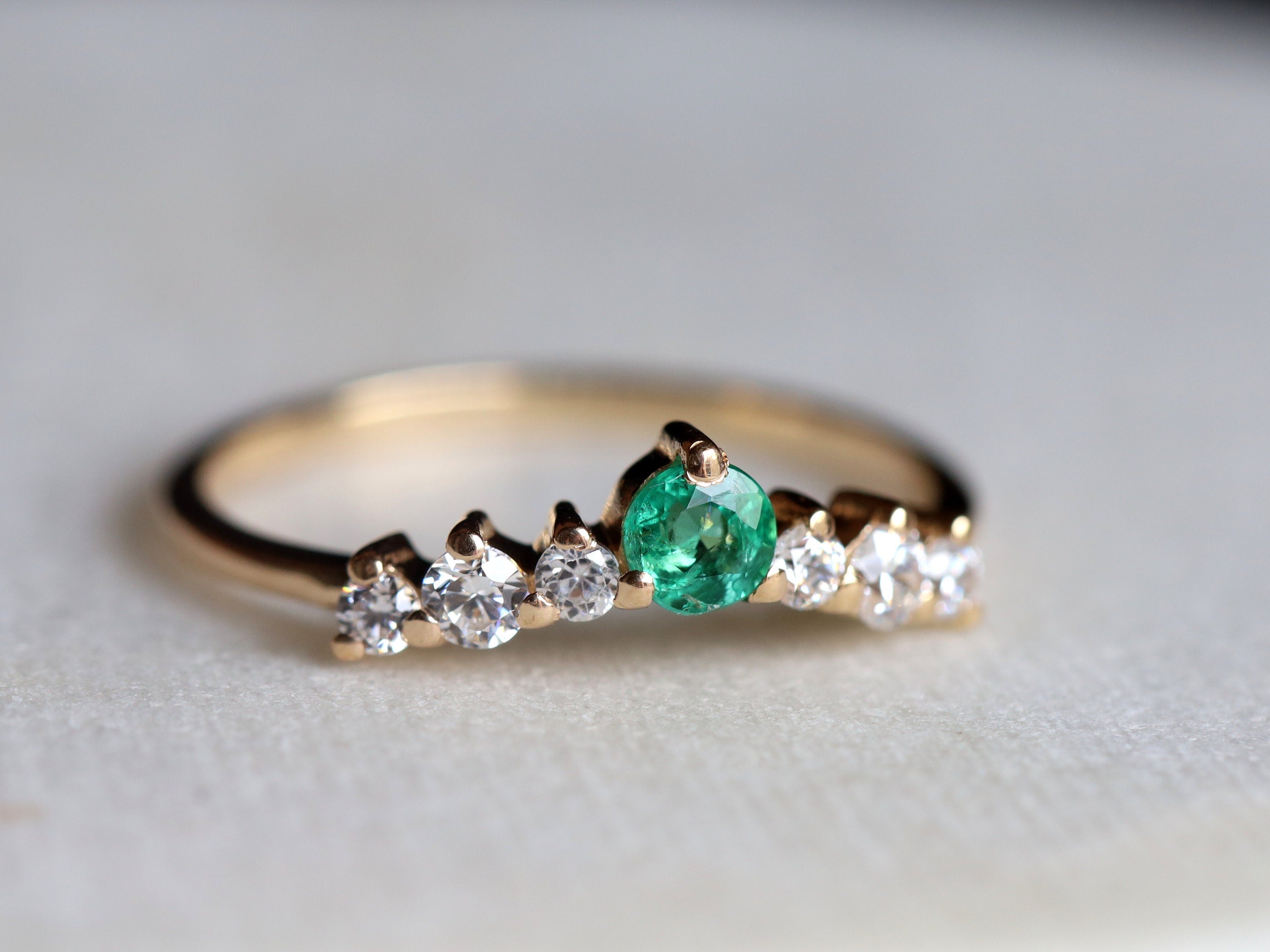 Curved Wedding Band | Emerald Diamond Wedding Ring | Stackable Wedding Ring for Women -