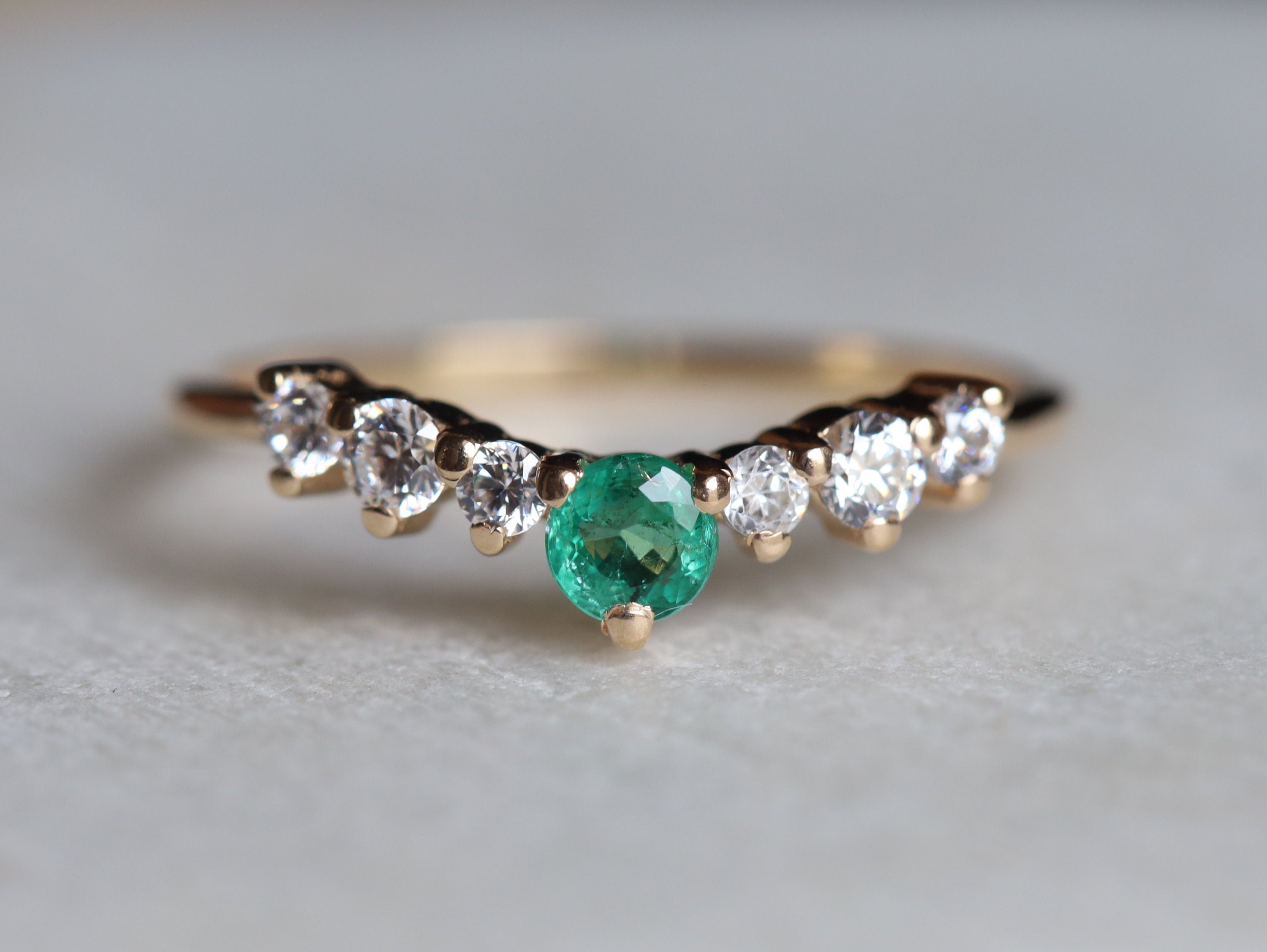 Curved Wedding Band | Emerald Diamond Wedding Ring | Stackable Wedding Ring for Women -