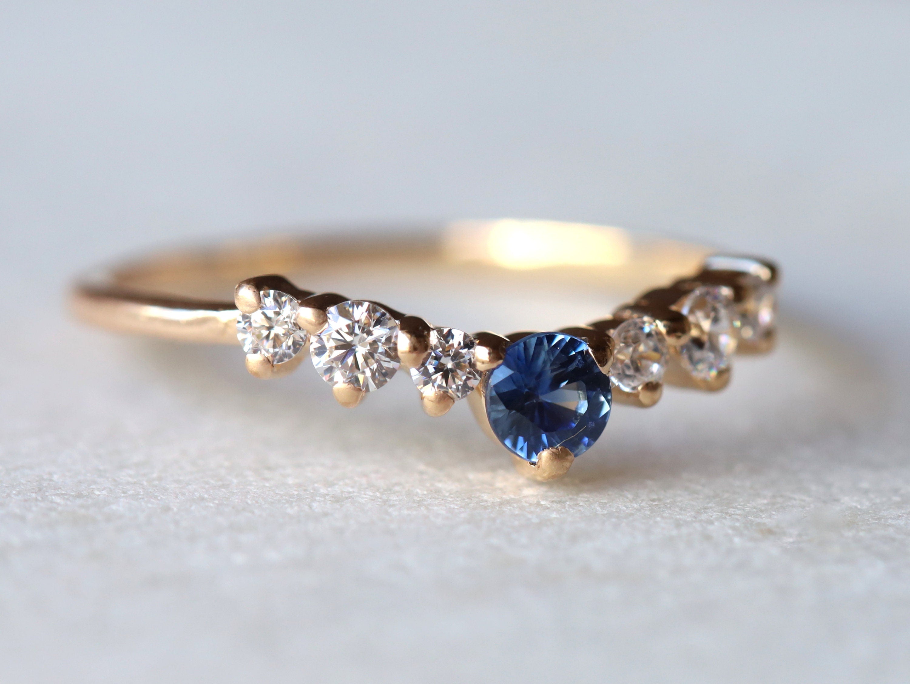 Curved Diamond Wedding Band | Sapphire Wedding Band | Stackable Wedding Ring | Sapphire & Diamond Ring -