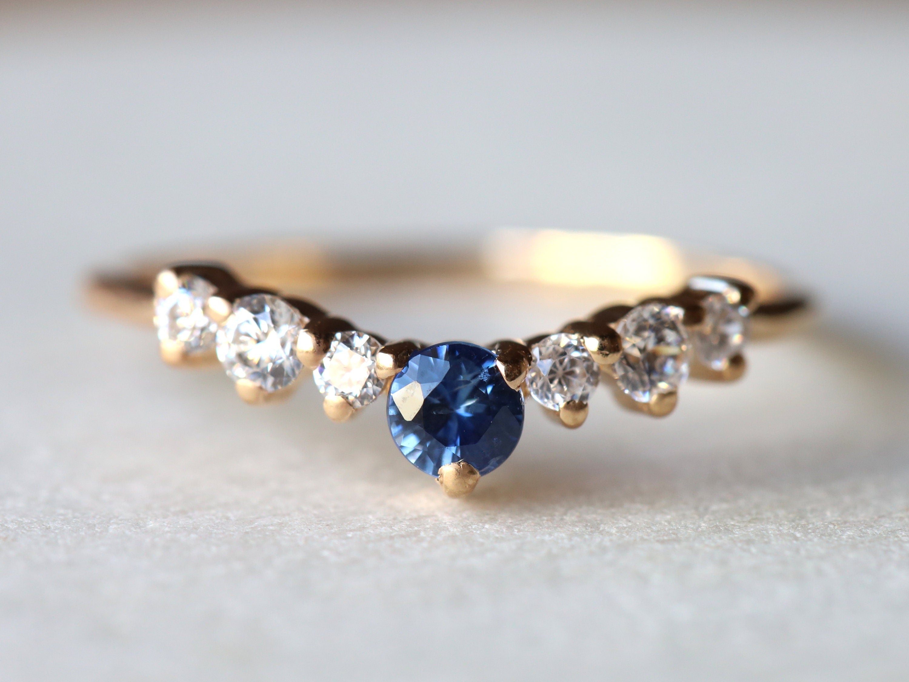 Curved Diamond Wedding Band | Sapphire Wedding Band | Stackable Wedding Ring | Sapphire & Diamond Ring -