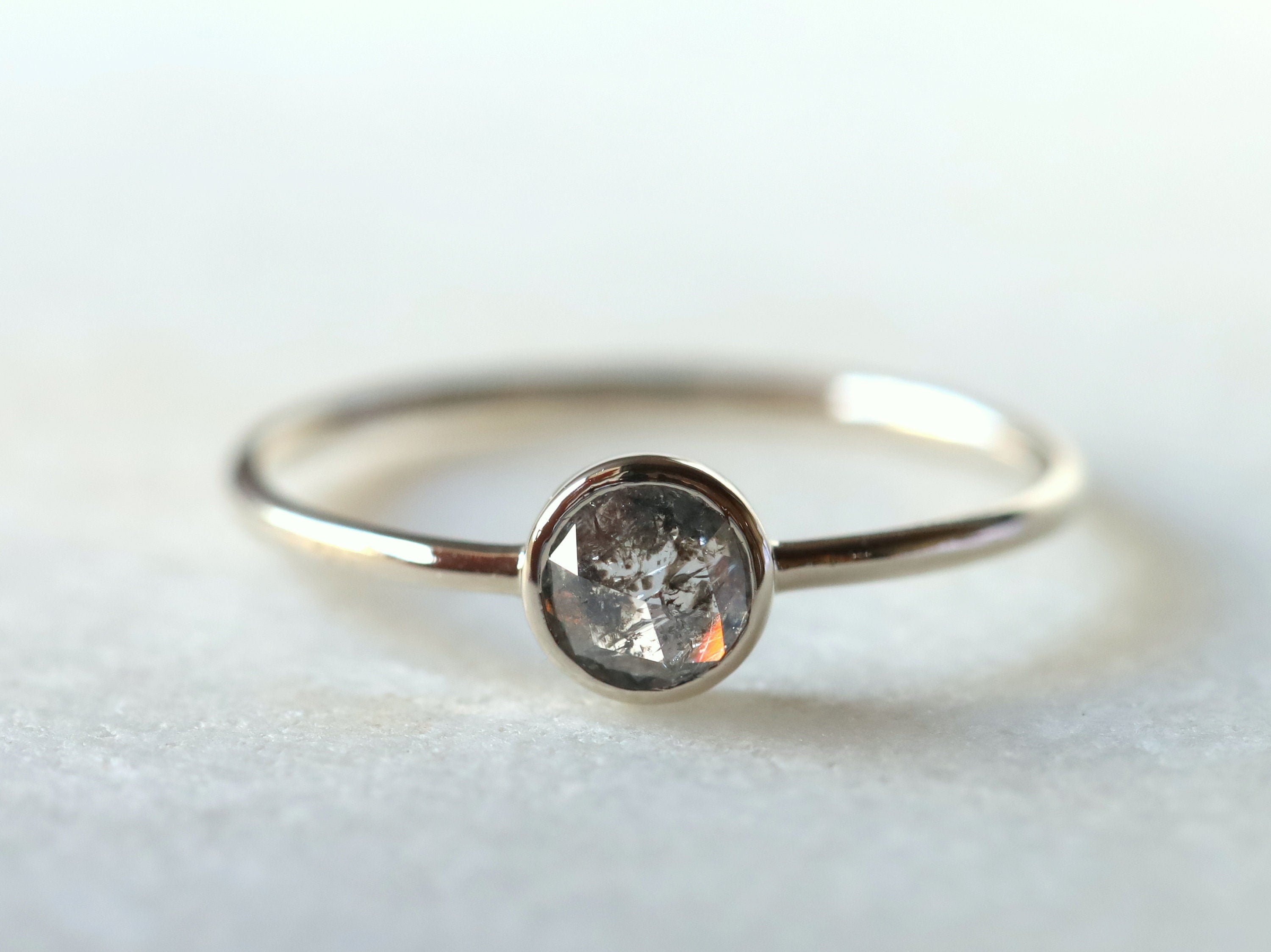 Gray Diamond Stacking Ring | Rose Cut Diamond Ring | Dainty Salt & Pepper Ring -