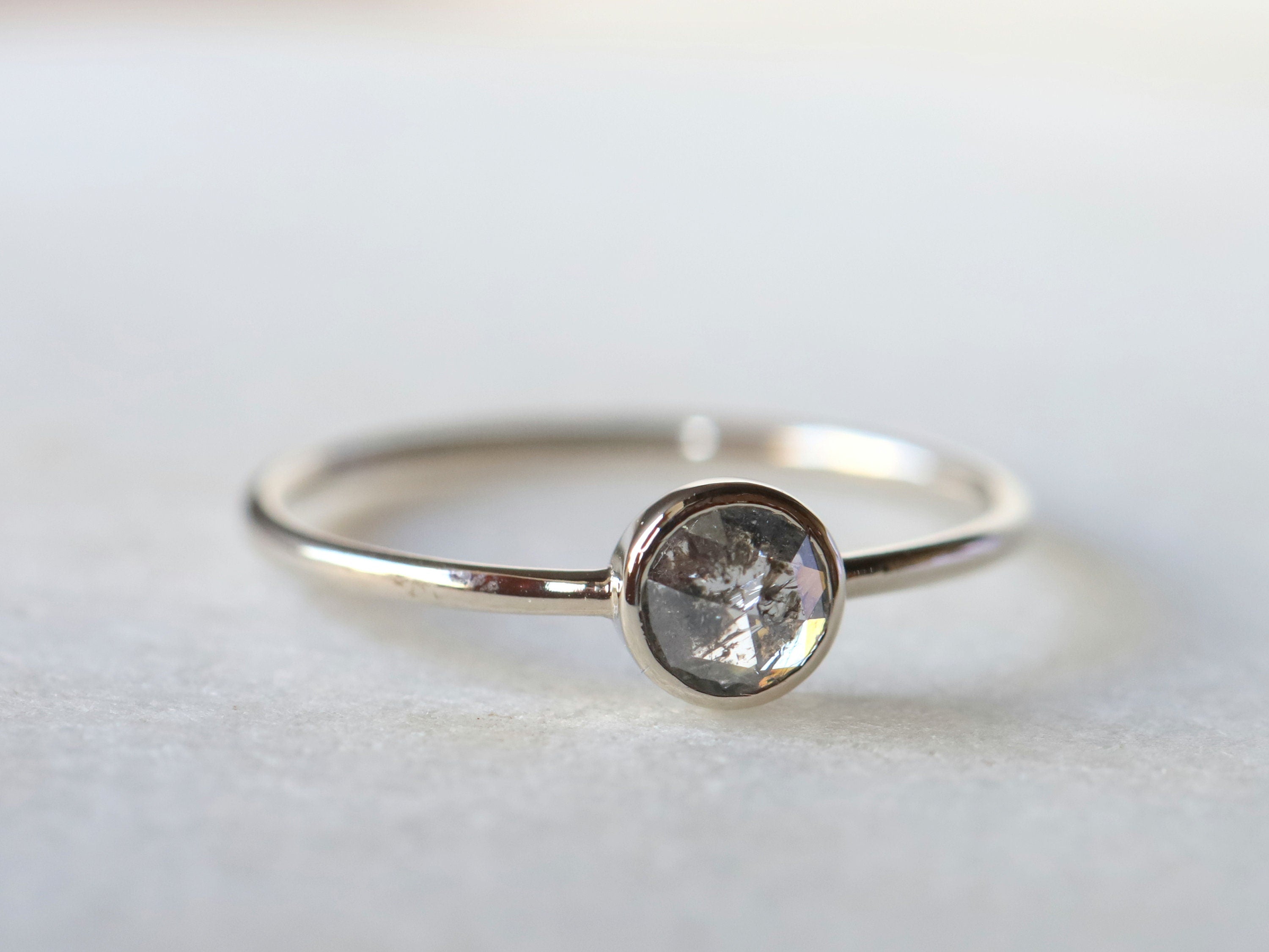 Gray Diamond Stacking Ring | Rose Cut Diamond Ring | Dainty Salt & Pepper Ring -