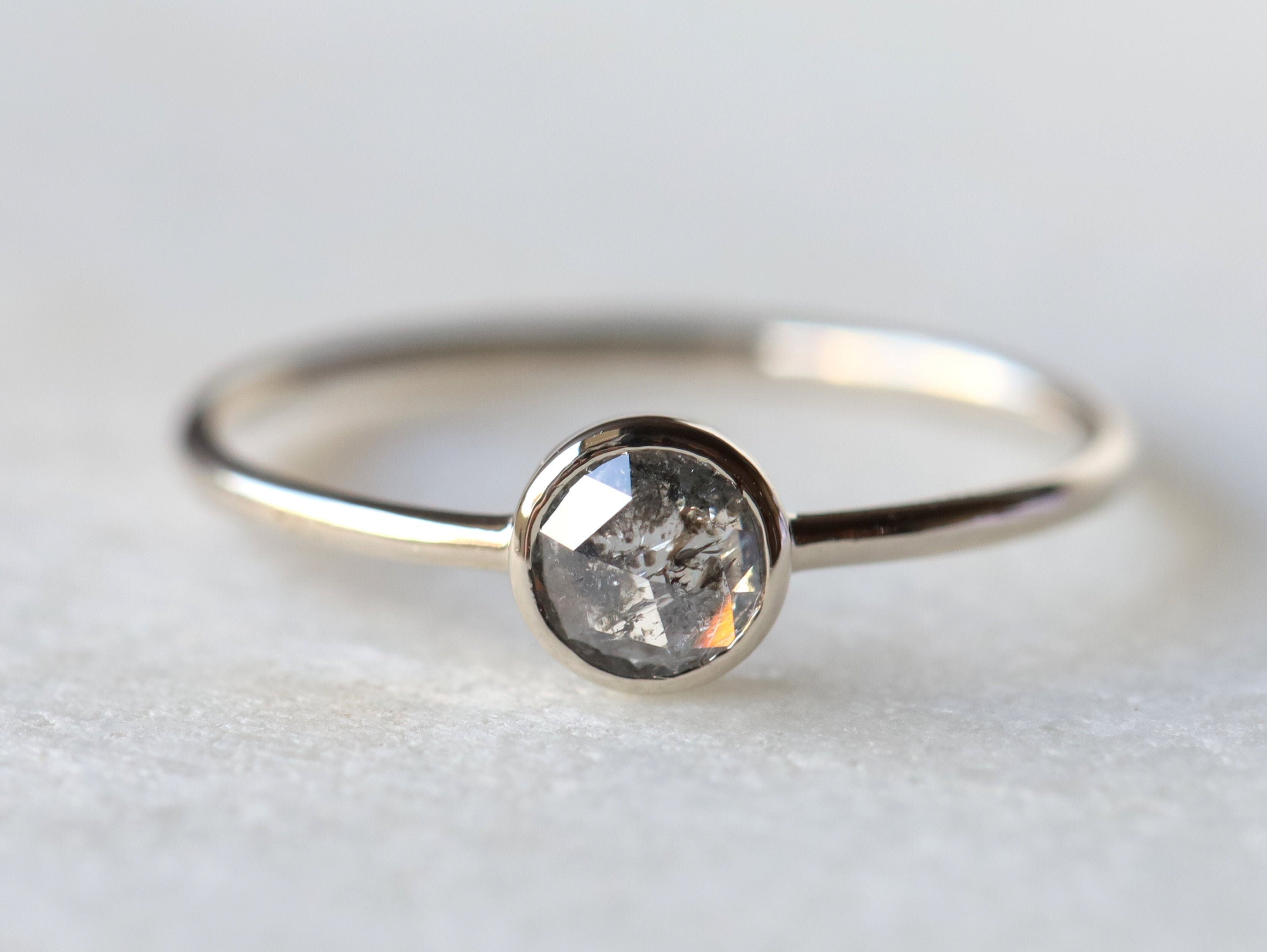 Gray Diamond Stacking Ring | Rose Cut Diamond Ring | Dainty Salt & Pepper Ring -