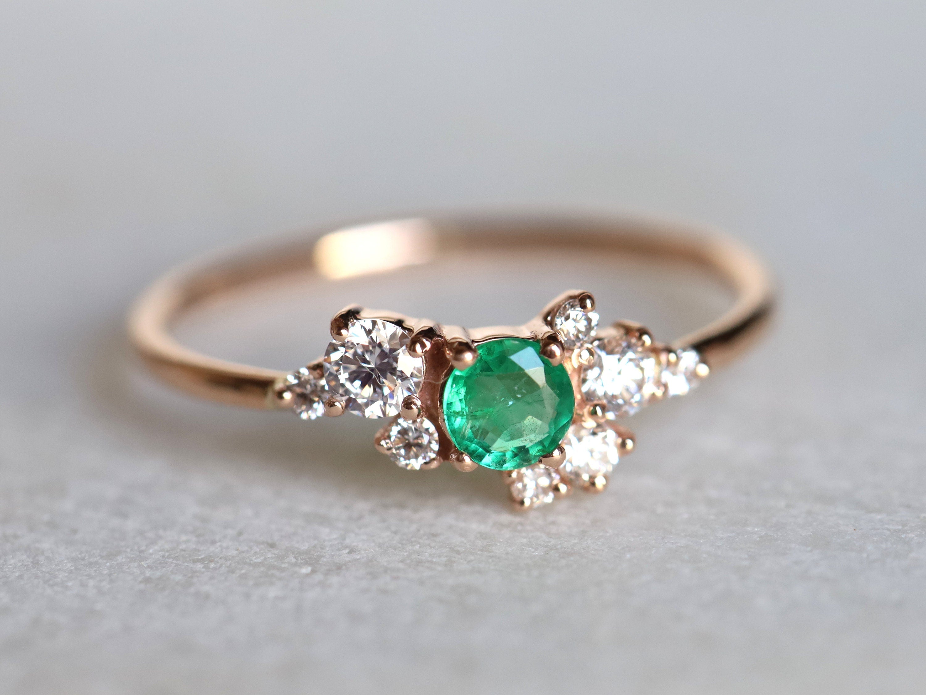 Emerald Engagement Ring | Cluster Diamond Ring | Vintage Natural Emerald Ring -
