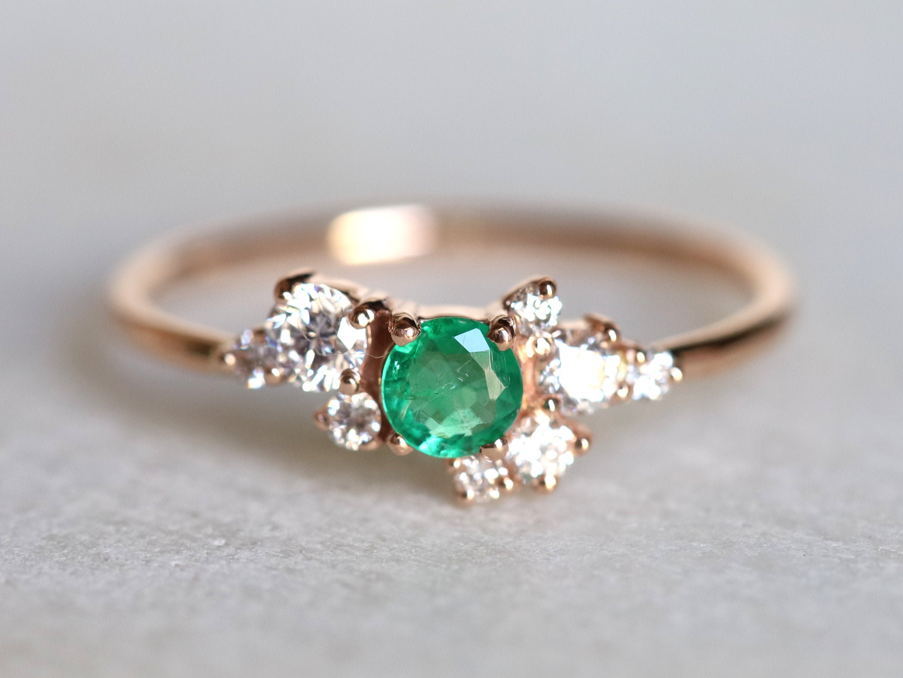 Emerald Engagement Ring | Cluster Diamond Ring | Vintage Natural Emerald Ring -