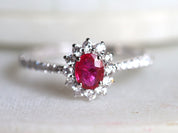 Genuine Ruby Halo Engagement Ring | Red Ruby & Diamond Gold Ring | Classic Ruby Ring -