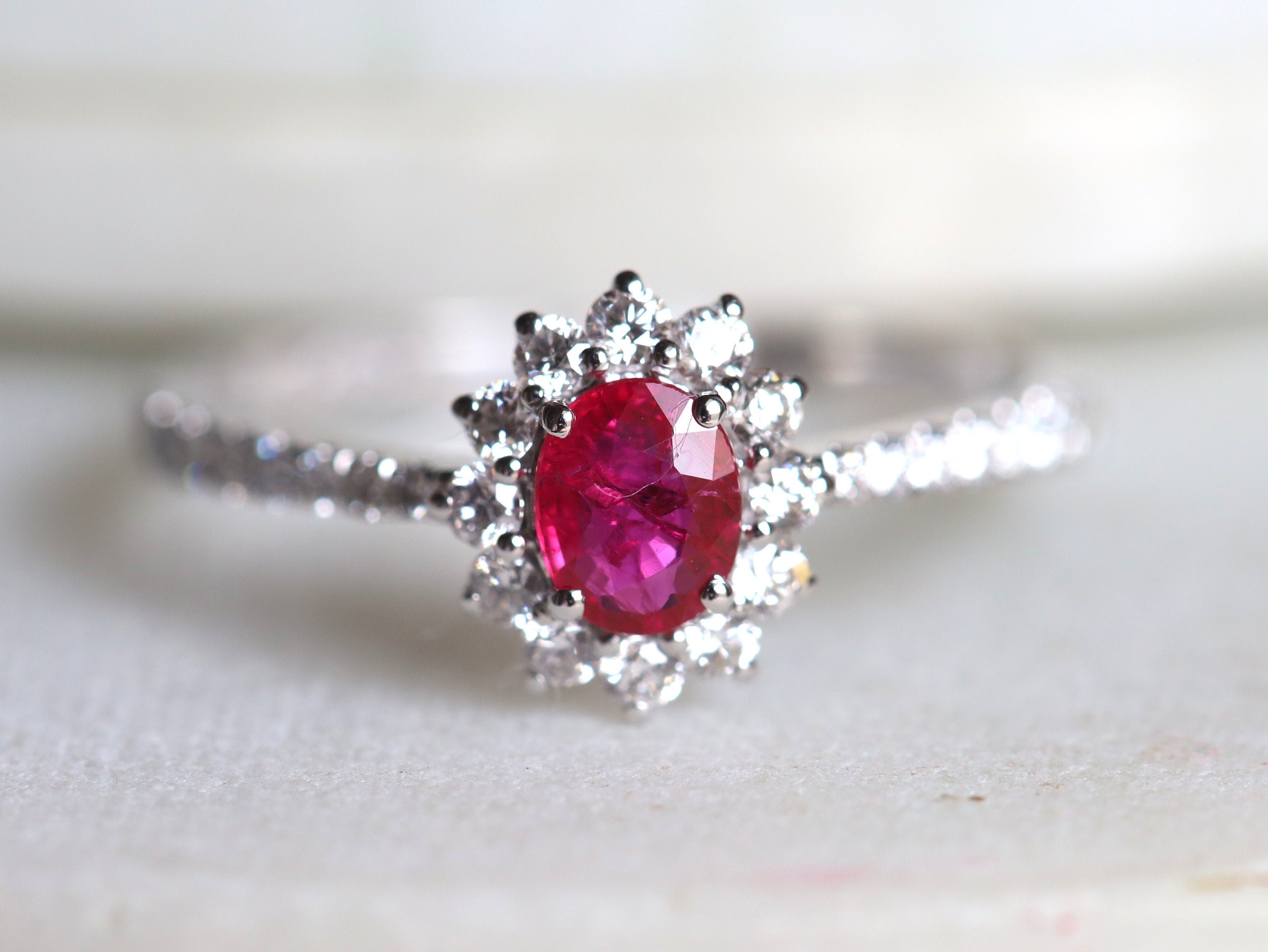 Genuine Ruby Halo Engagement Ring | Red Ruby & Diamond Gold Ring | Classic Ruby Ring -