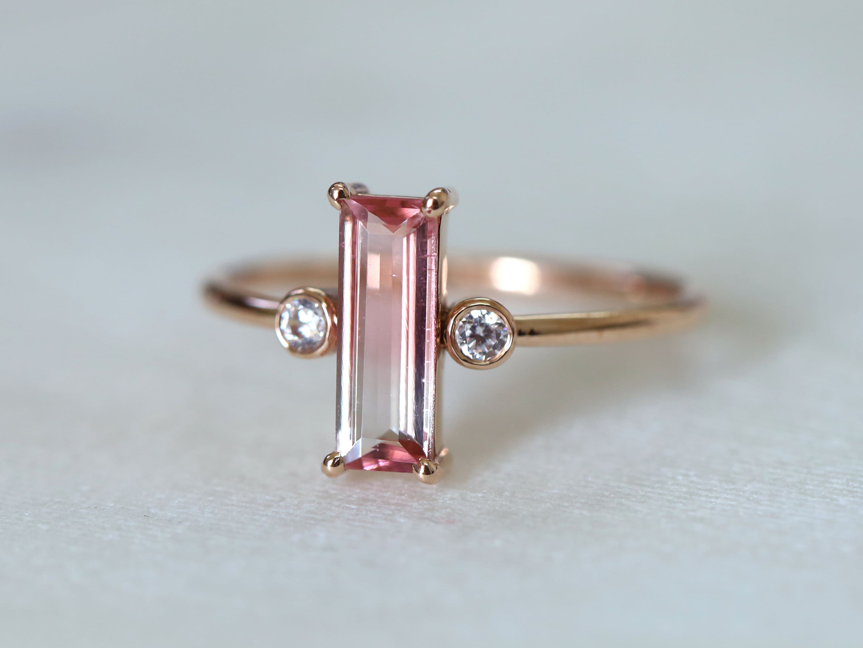 Watermelon Tourmaline Ring | Tourmaline Baguette | Tourmaline & Diamond Engagement -